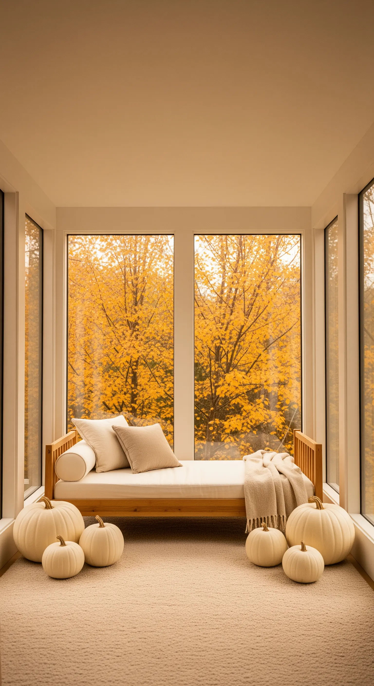 Fensterbank mit weißen Kürbissen, Sitzbank und Herbstbaumkulisse im Hintergrund