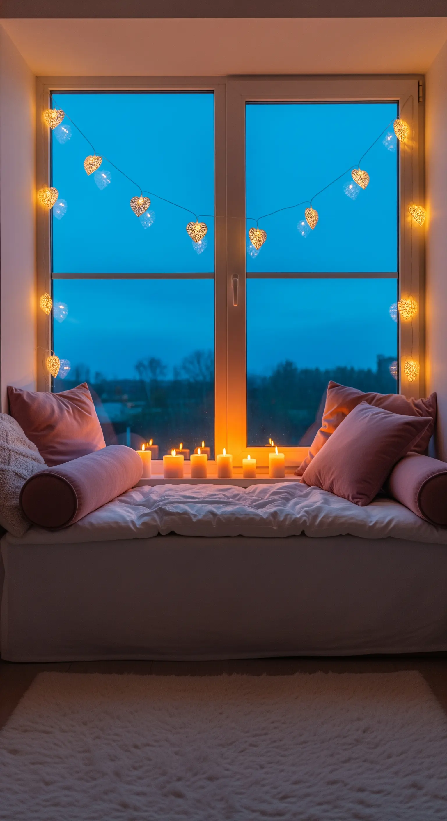 Fensterbank-Sitzplatz mit rosa Kissen, Herz-Lichterkette und vielen Kerzen bei Nacht