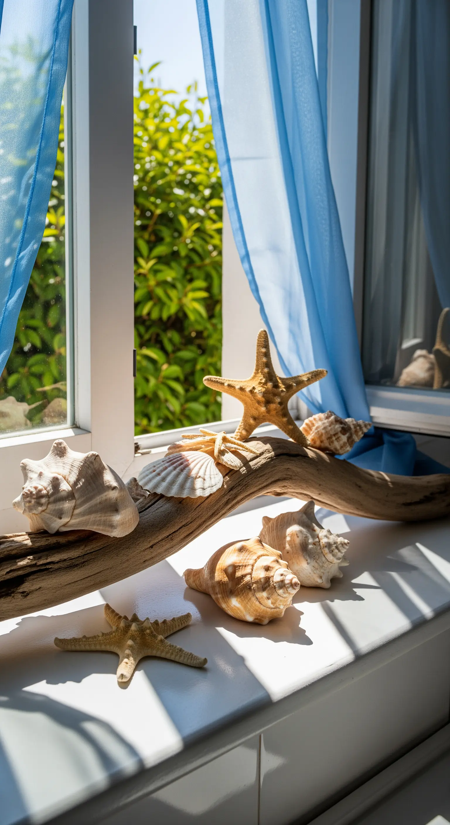 Fensterbank mit Treibholz, Muscheln, Seesternen und blauen Vorhängen.