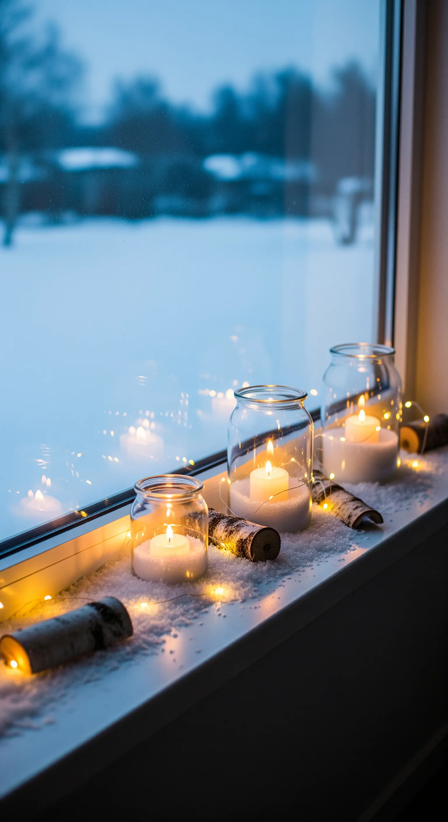 Winterlich dekorierte Fensterbank mit Kerzen in Gläsern, Lichterkette und Birkenzweigen.