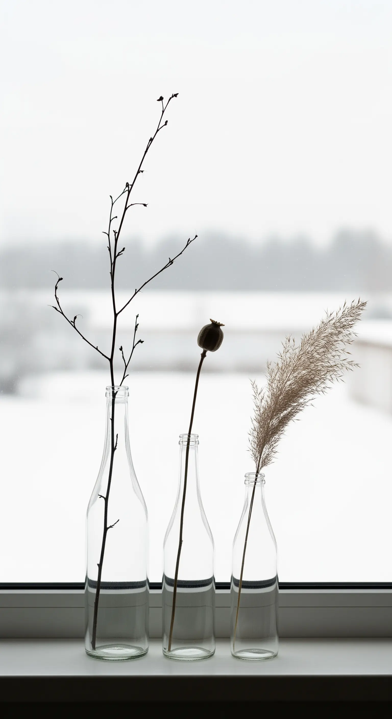 Fensterbank mit drei Glasflaschen, bestückt mit kahlem Ast, Mohnkapsel und Pampasgras.
