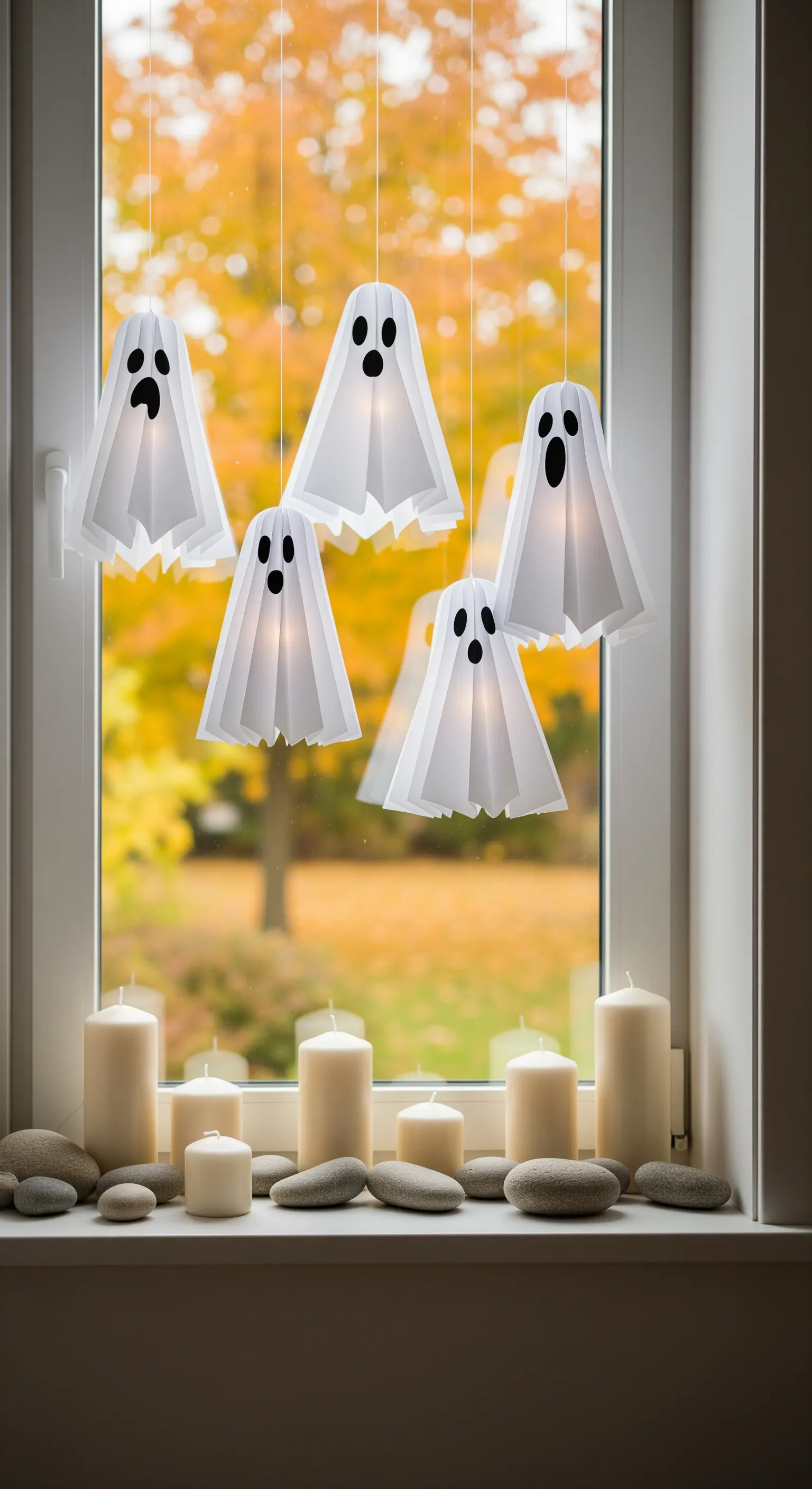Fensterbank mit schwebenden Papiergeistern, weißen Kerzen und Steinen.