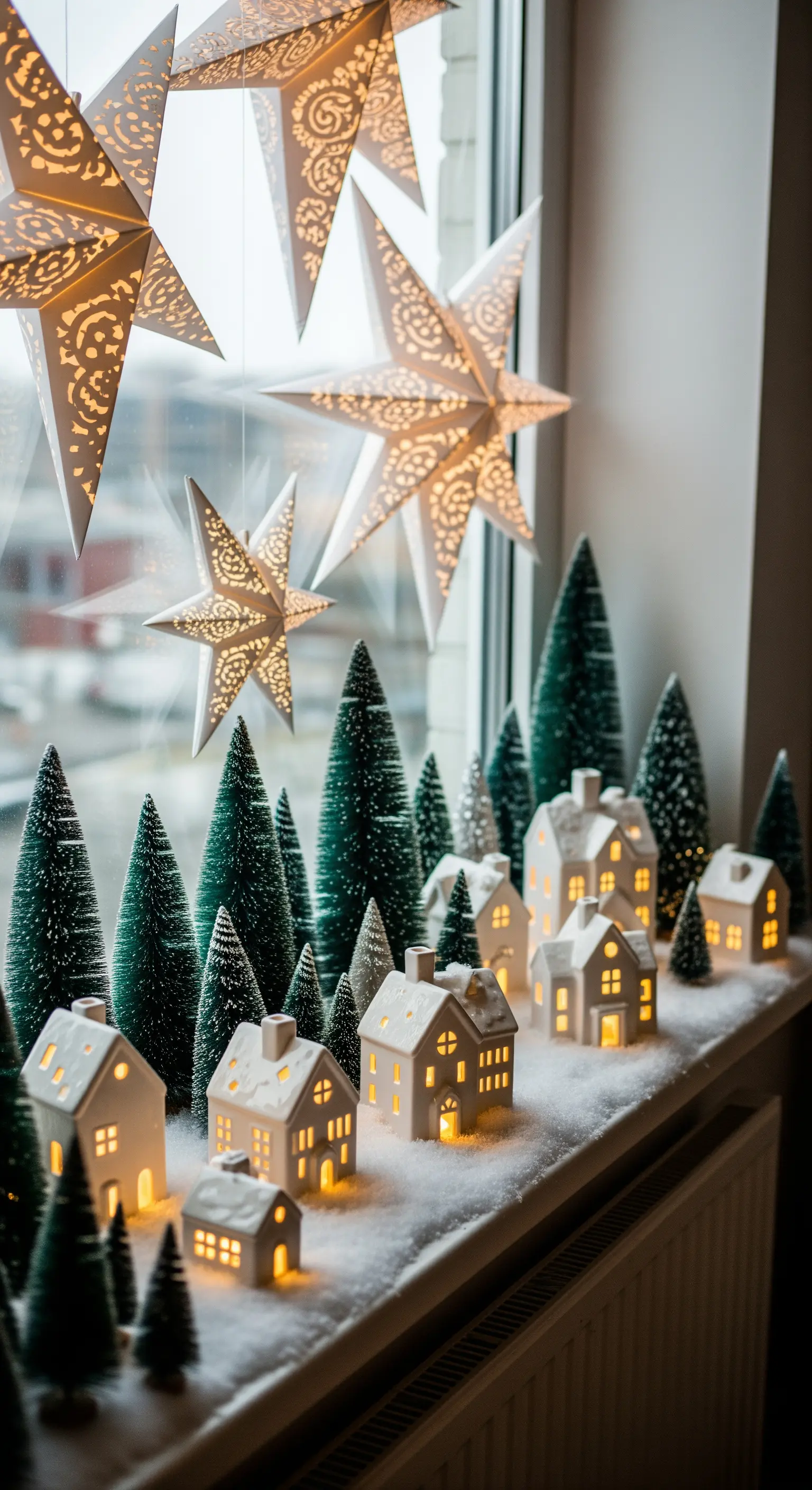 Beleuchtetes Winterdorf auf der Fensterbank mit Tannenbäumen und Papiersternen.