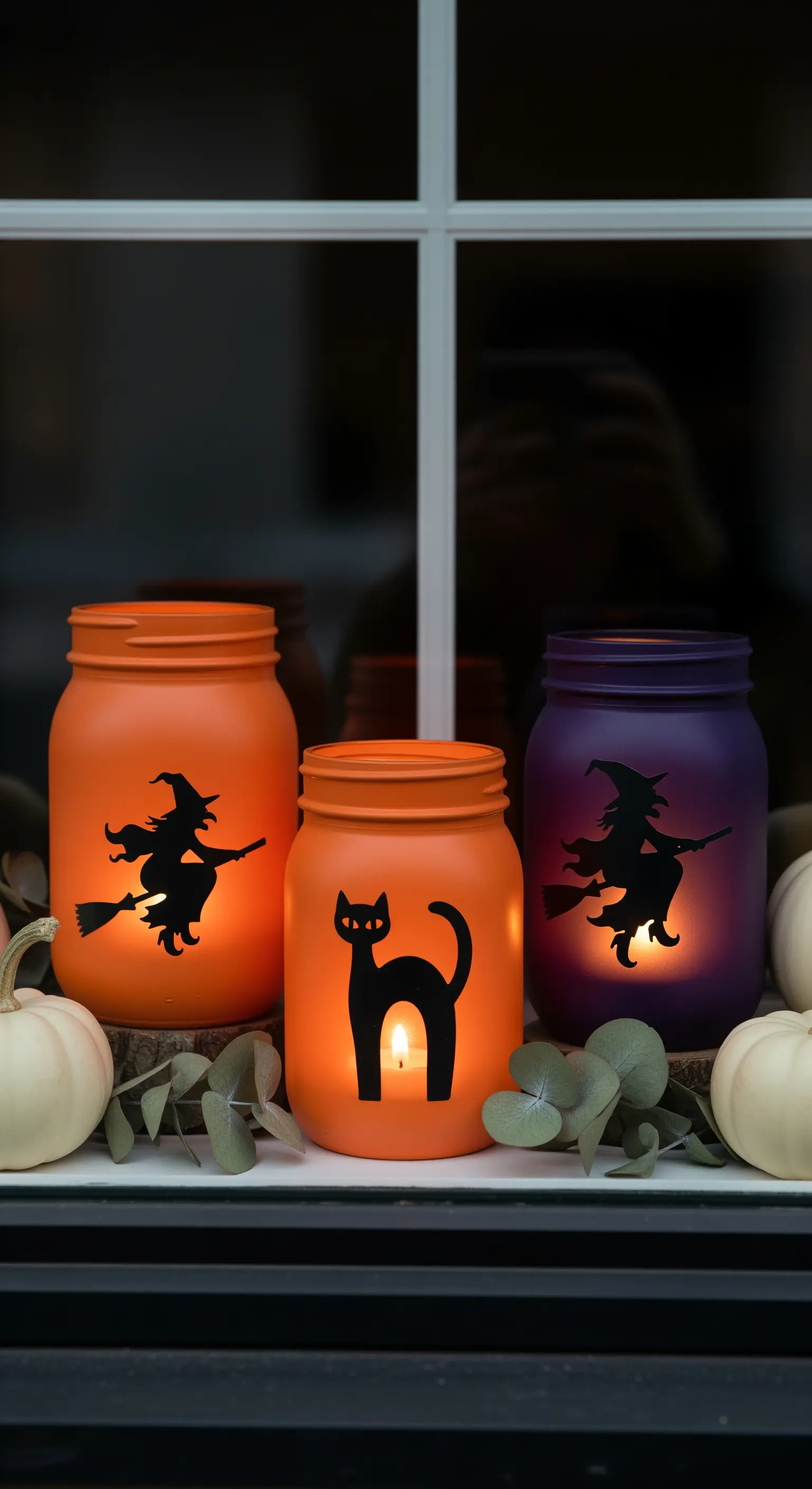 Fensterdeko mit bemalten Mason Jars, Hexen- und Katzenmotiven und LED-Kerzen