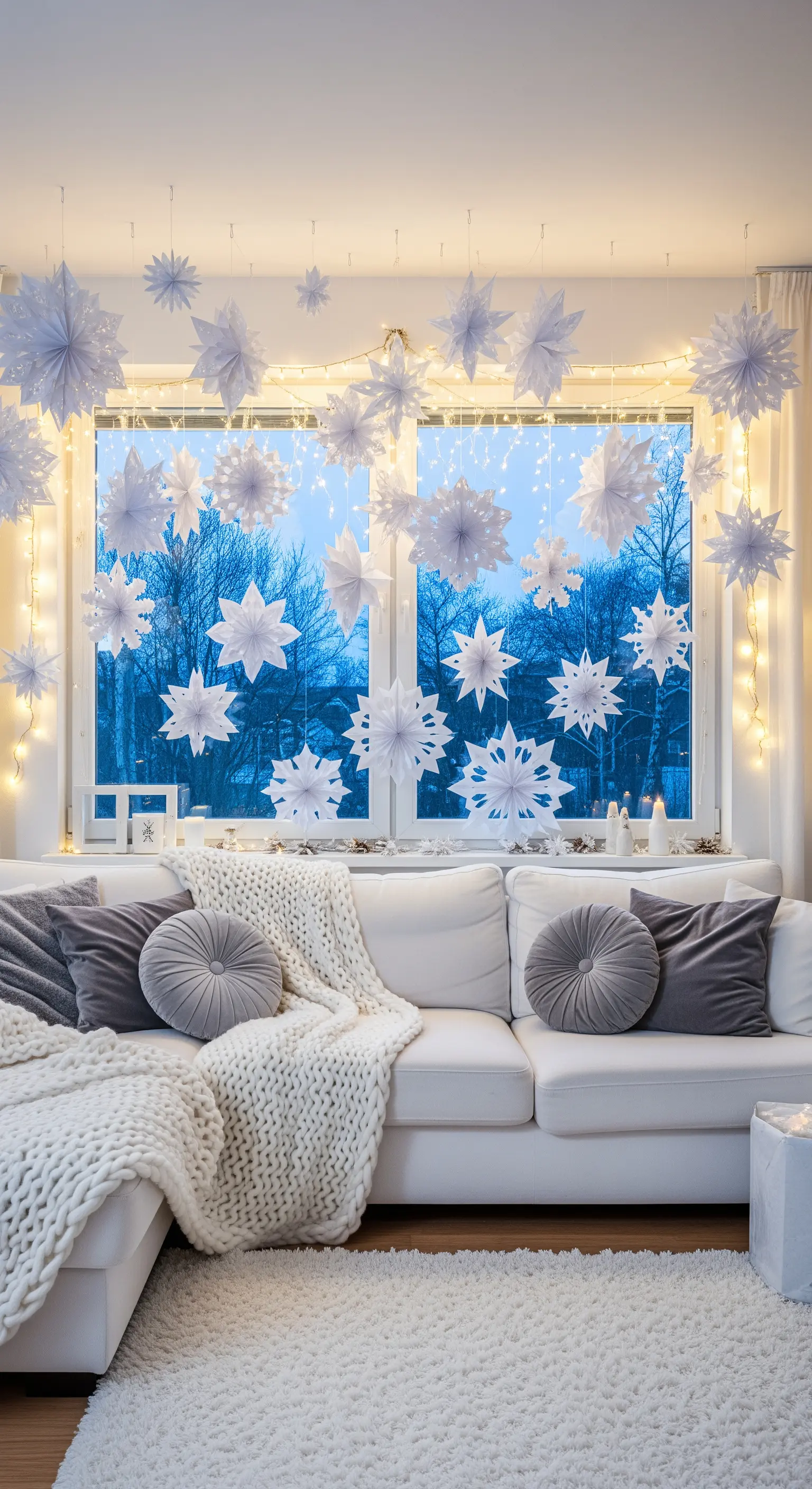 Fensterfront mit hängenden weißen Schneeflocken und warmen Lichterketten im Wohnzimmer