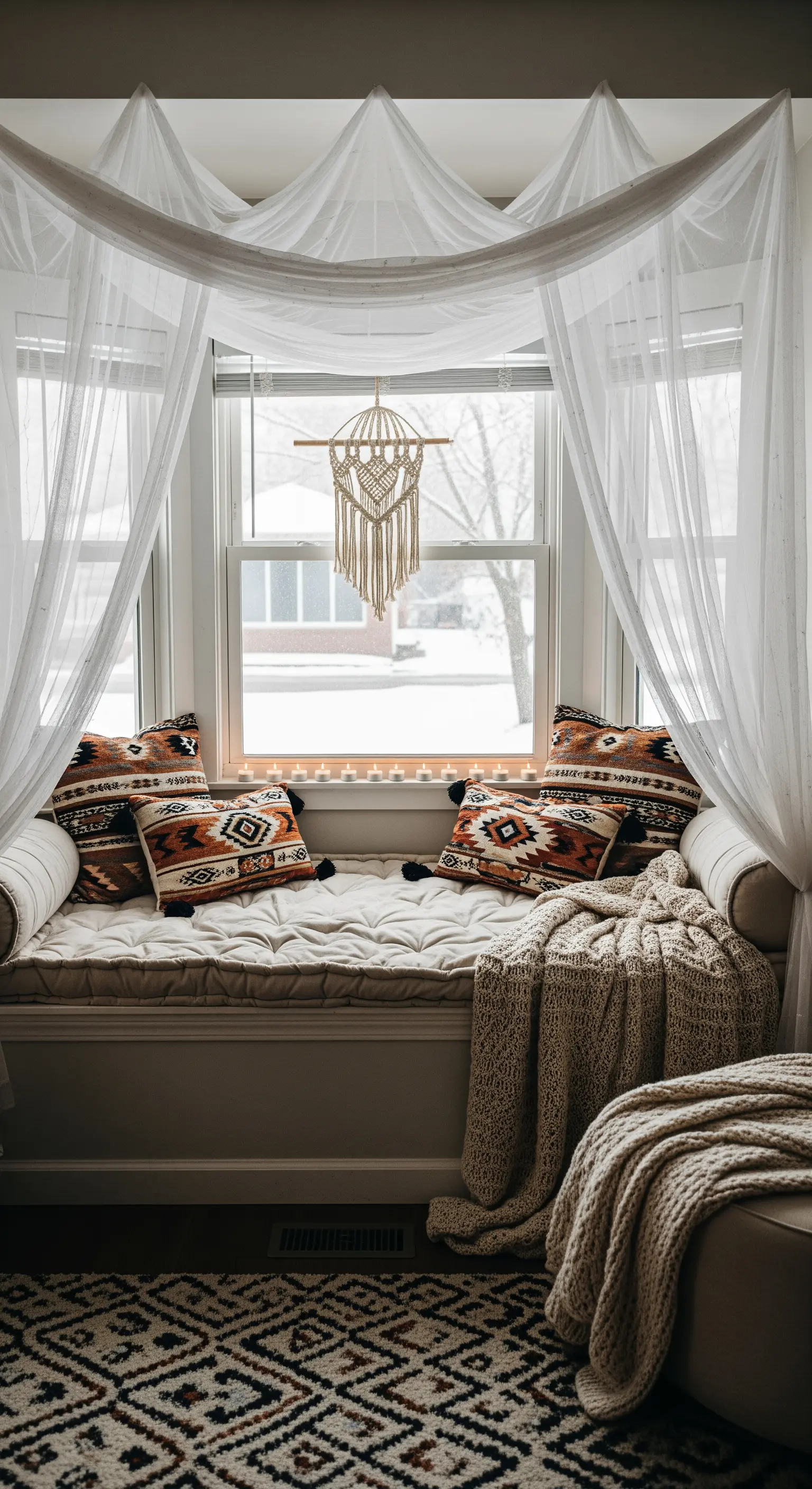 Gemütliche Fensternische mit Vorhängen, Makramee und Kerzenreihe