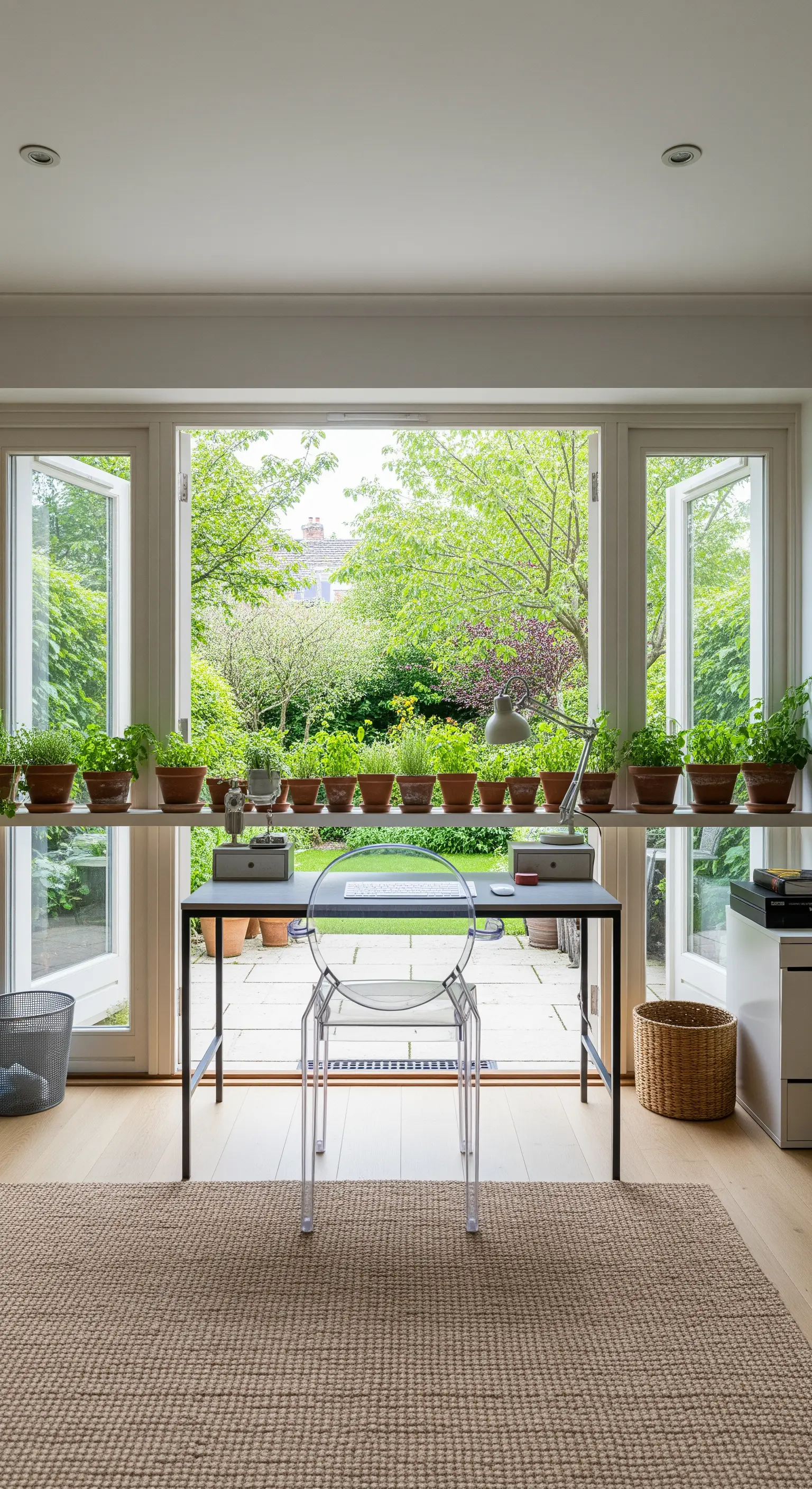 Schreibtisch vor einer offenen Terrassentür mit Blick in den Garten und Kräutern auf dem Fensterbrett