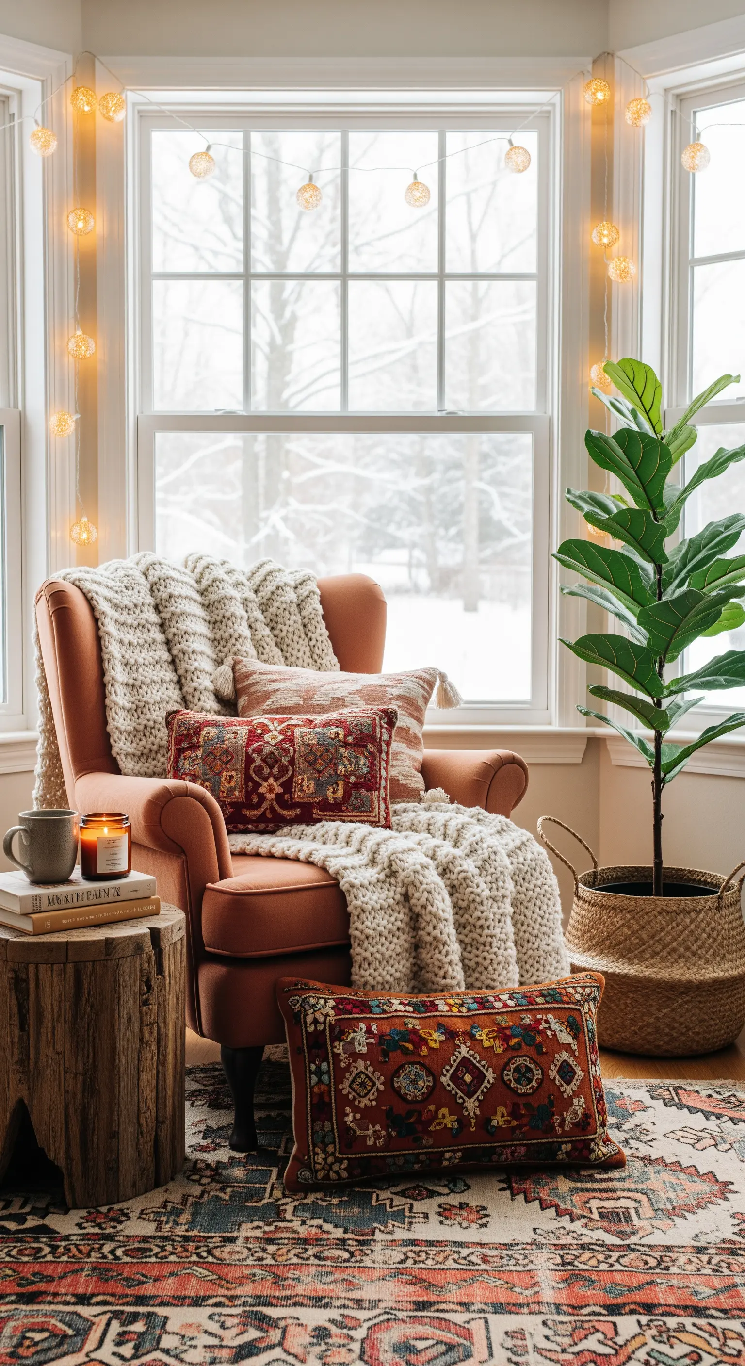 Gemütlicher Lesesessel am Fenster mit Lichterkette und grob gestrickter Decke im Winter.