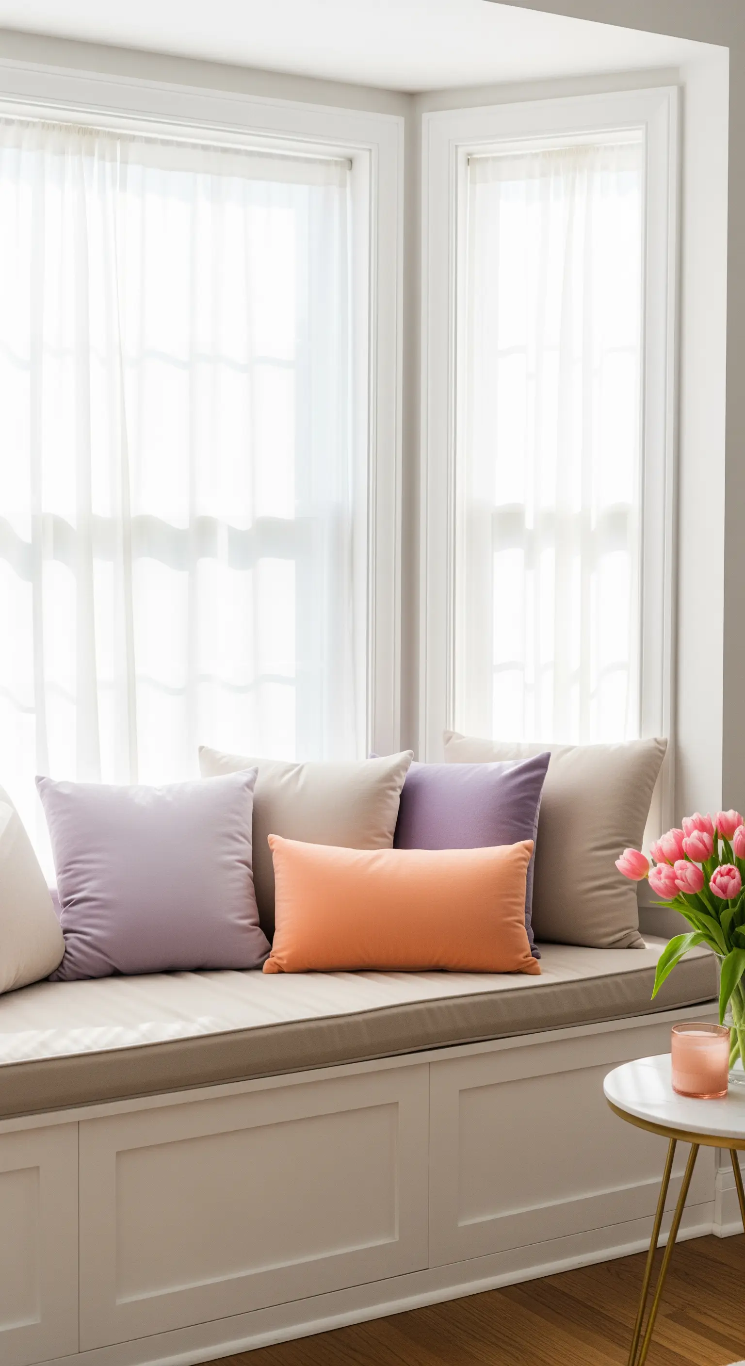 Gemütlicher Fensterplatz mit einer Anordnung von Kissen in Flieder, Pfirsich und Beige.