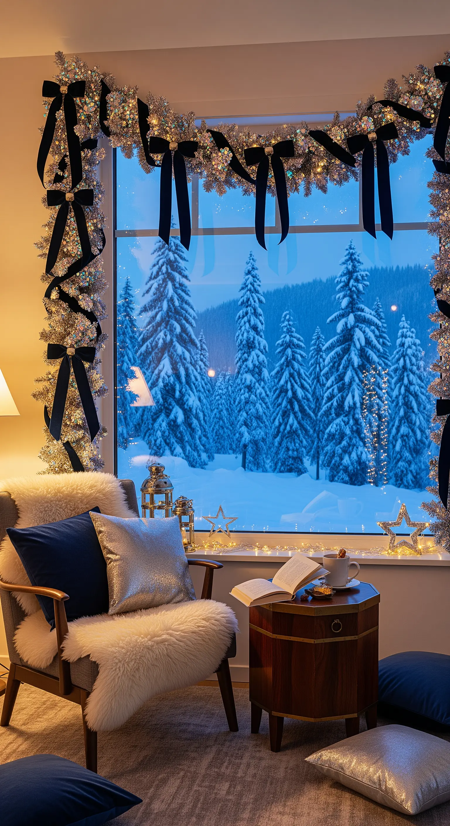 Glitzernde Girlanden und Samtschleifen rahmen ein Fenster mit Winterlandschaft ein