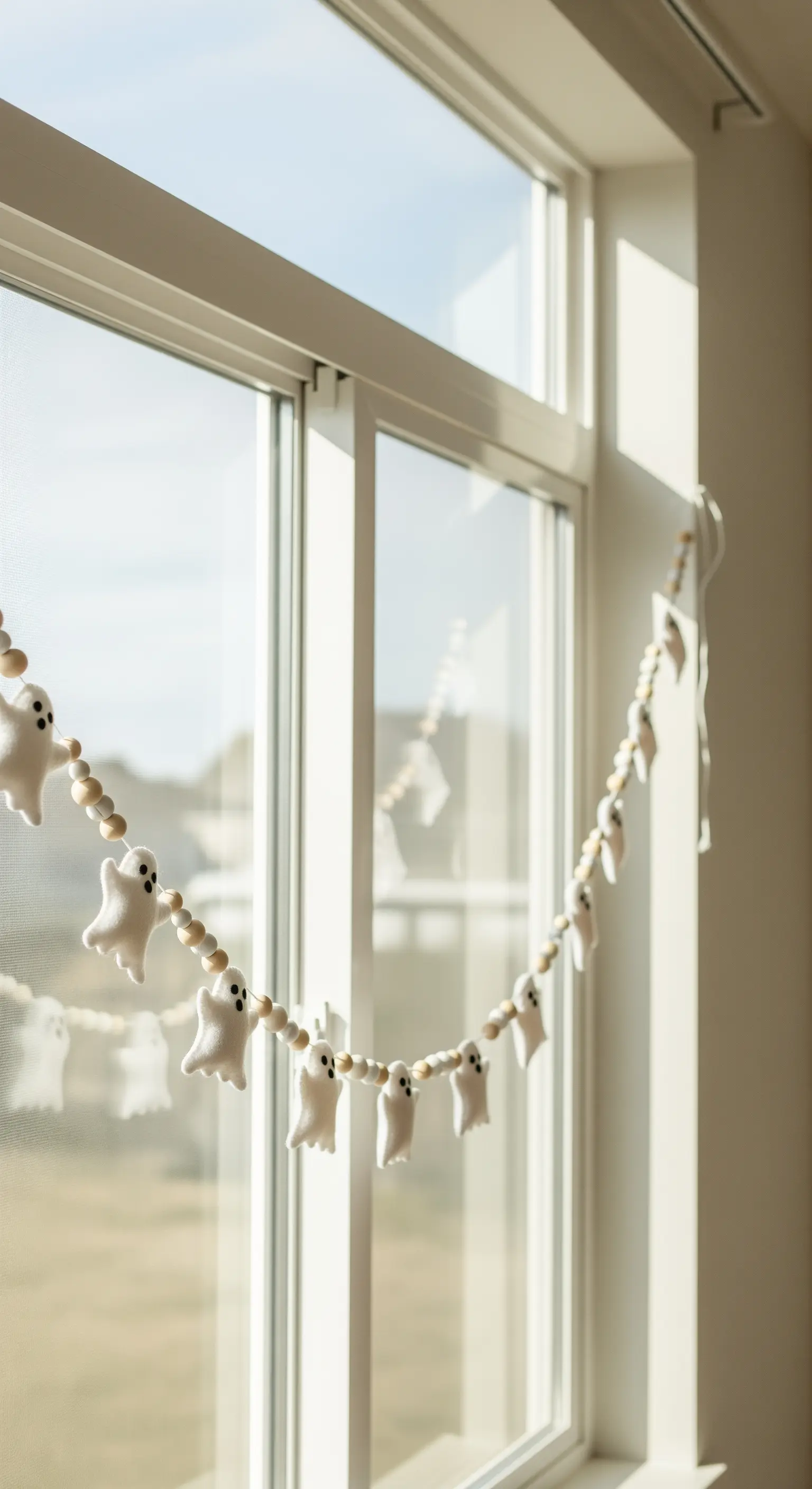 Fenster mit einer Girlande aus weißen Geisterfiguren und Holzperlen