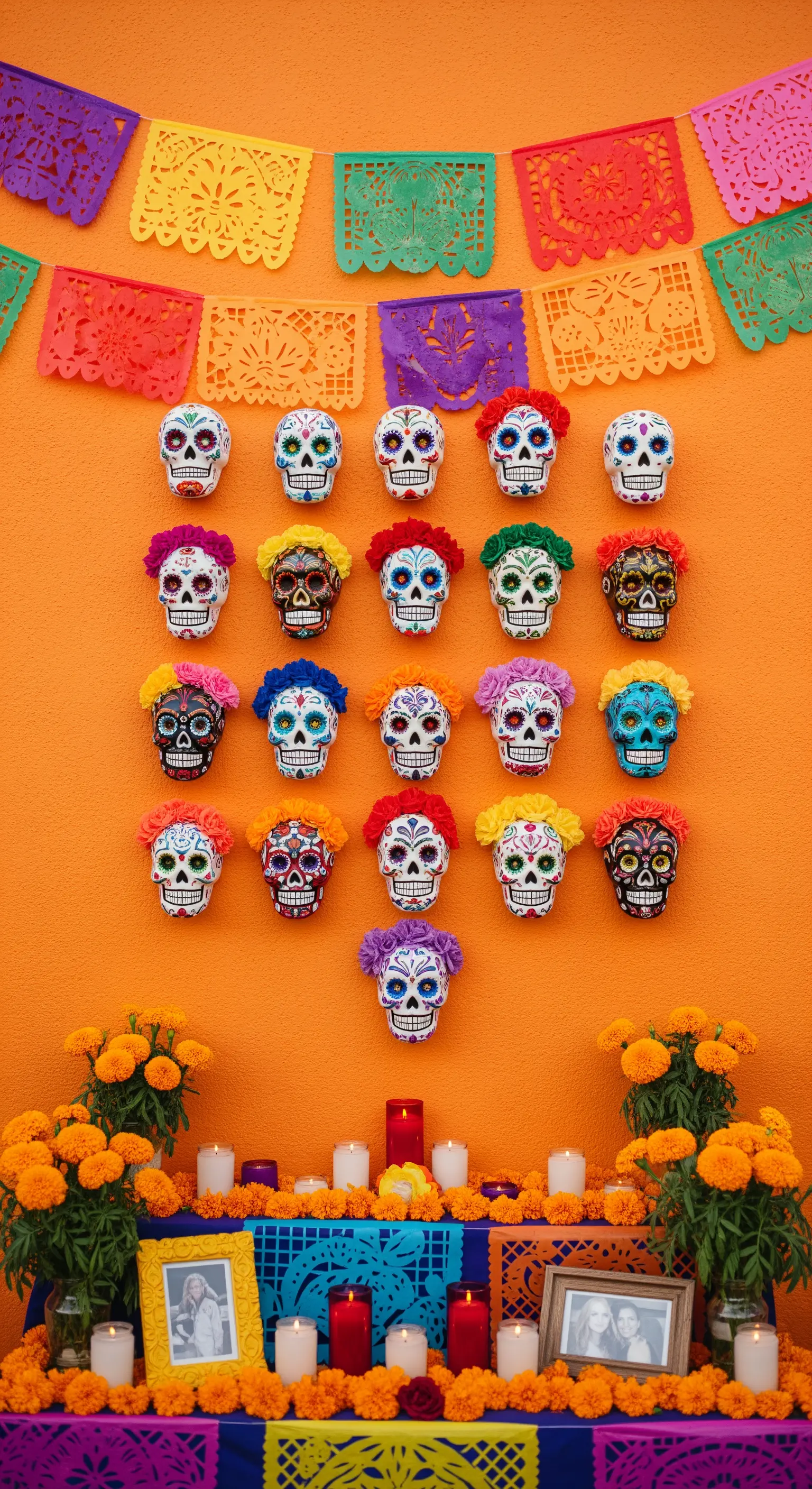 Wand mit bunten Zuckerschädeln und Girlanden für den Día de los Muertos.