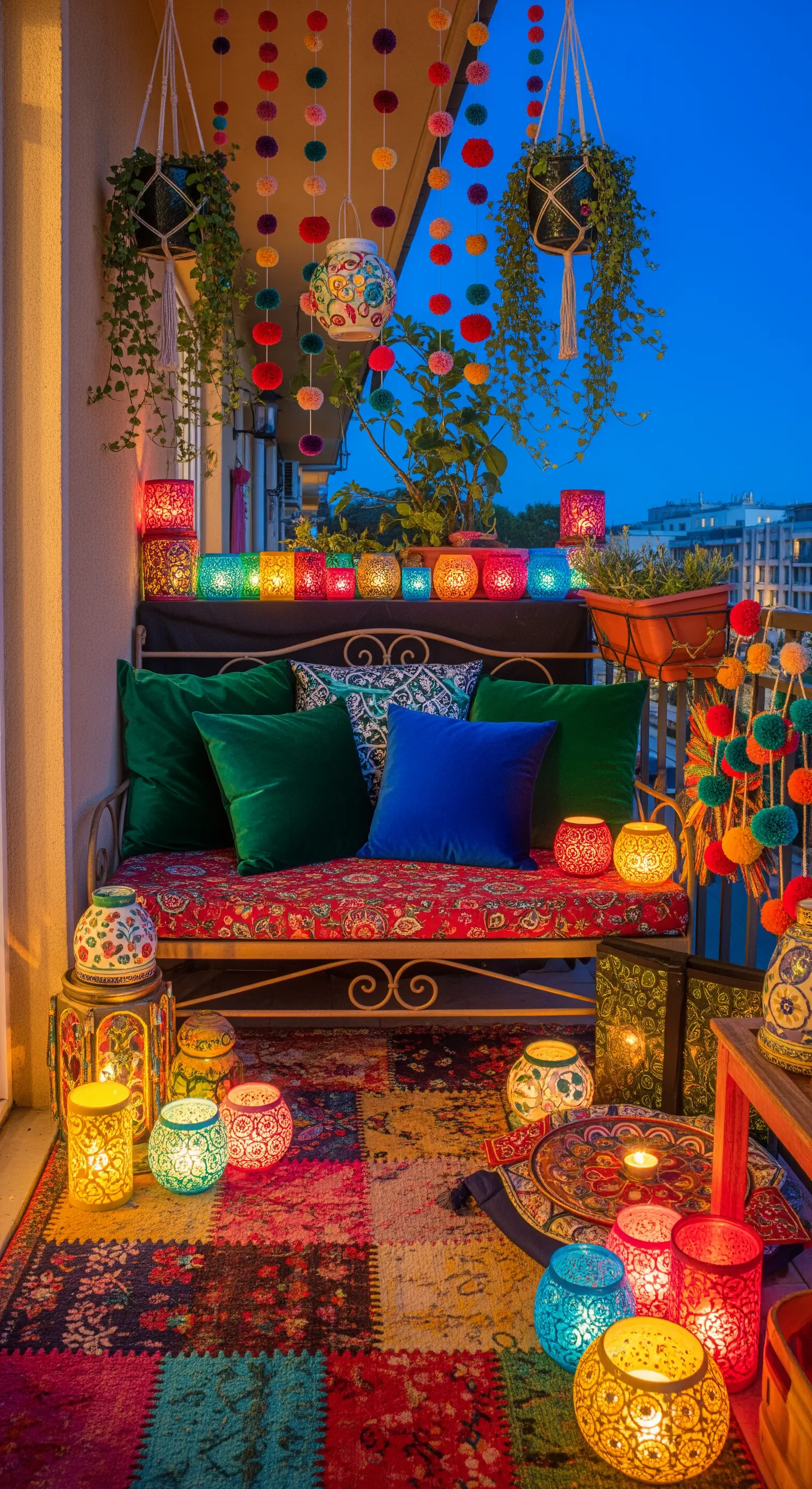 Farbenfroher Boho-Balkon mit bunten Lampions, Pompom-Girlanden und Kissen