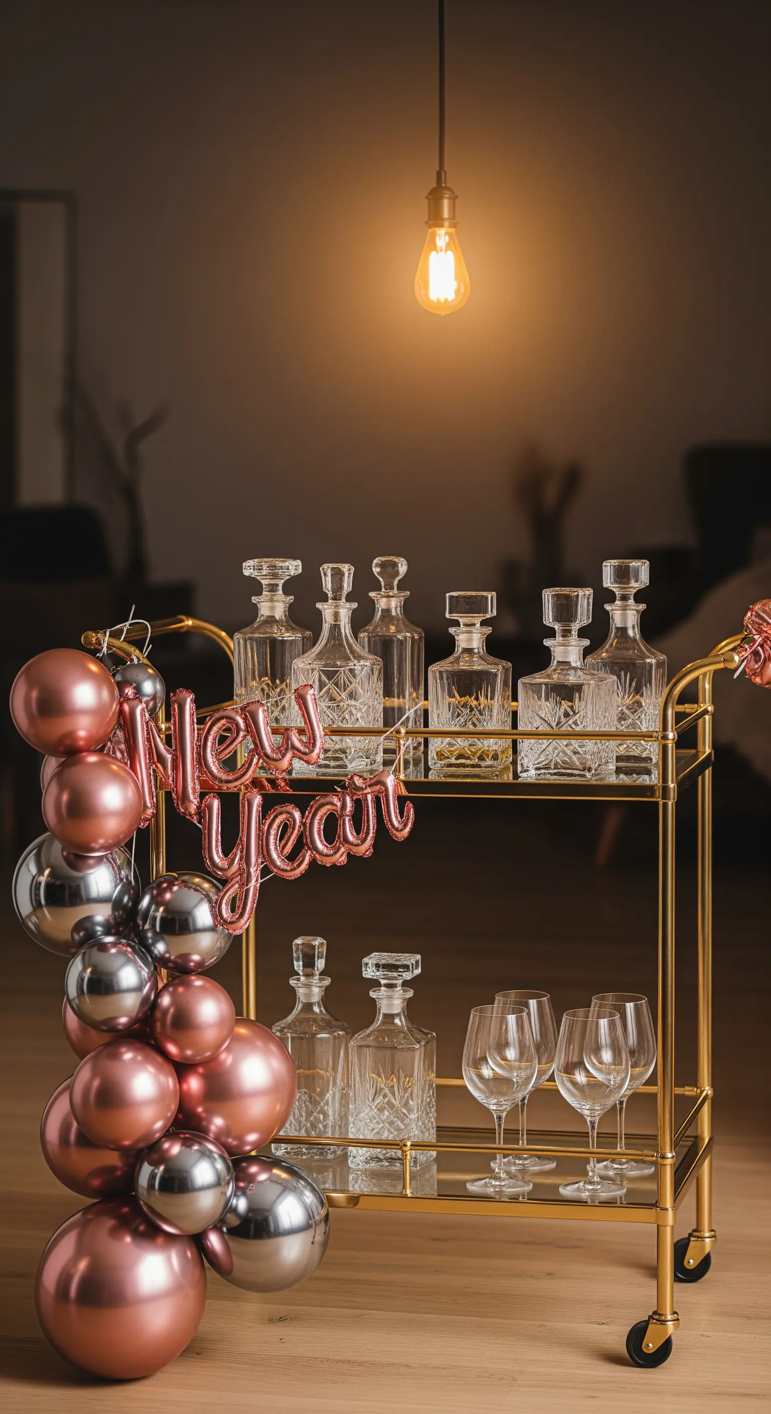 Barwagen mit roségoldener und silberner Ballongirlande und 