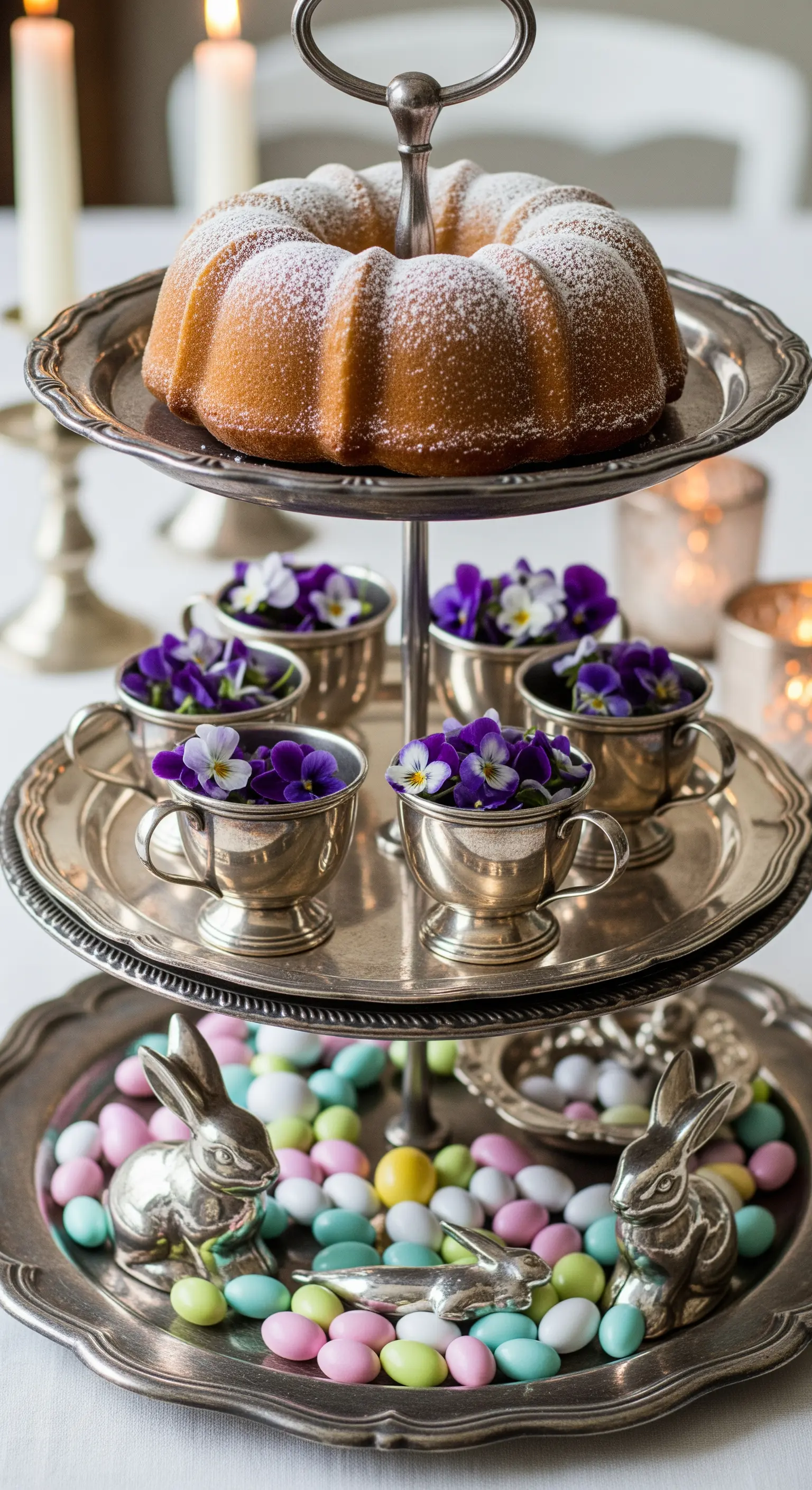 Antike Silber-Etagere mit Gugelhupf, Veilchen und Zuckereiern