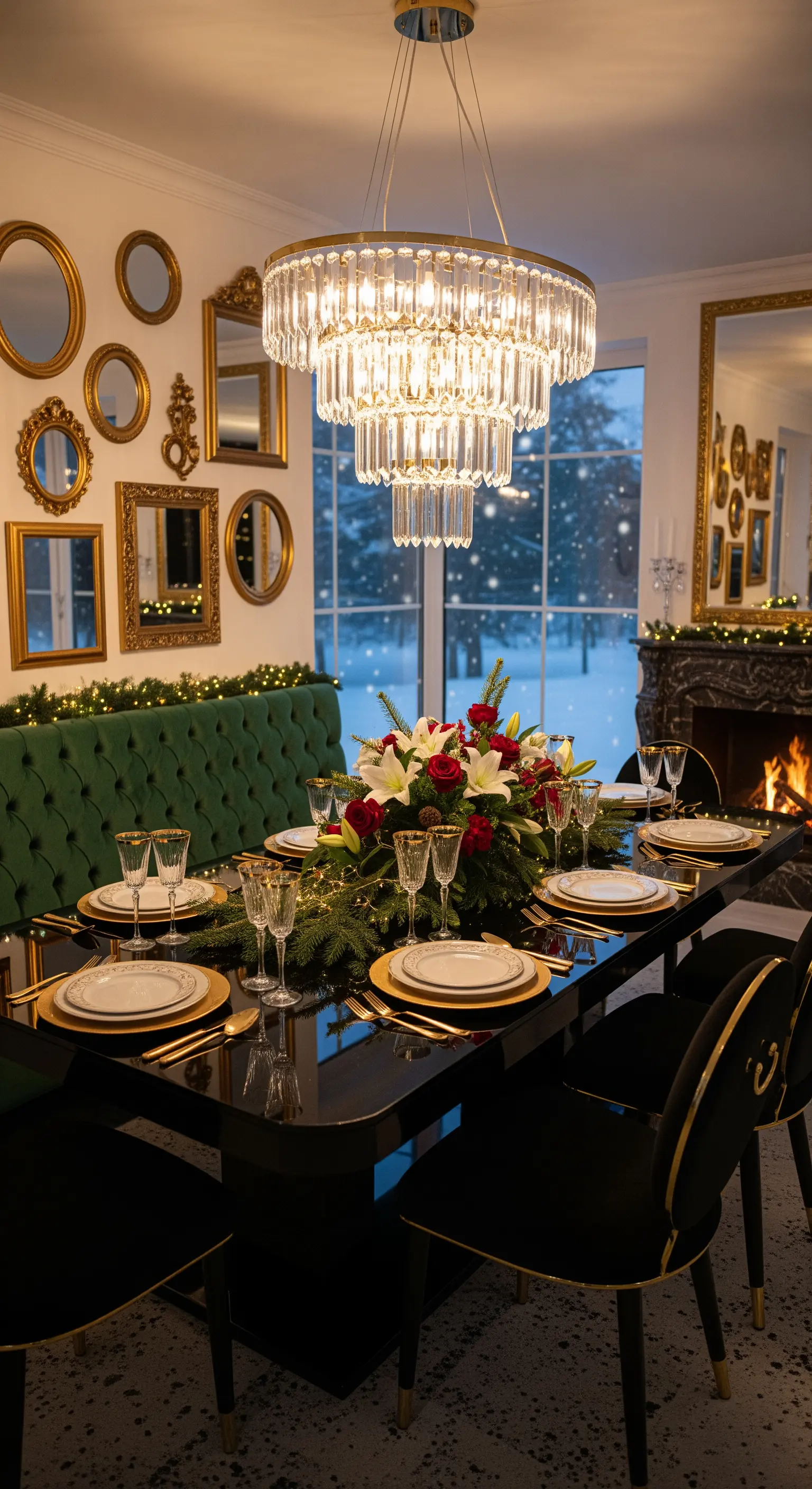 Opulente Festtafel mit Kronleuchter, Blumenarrangement und goldenen Akzenten