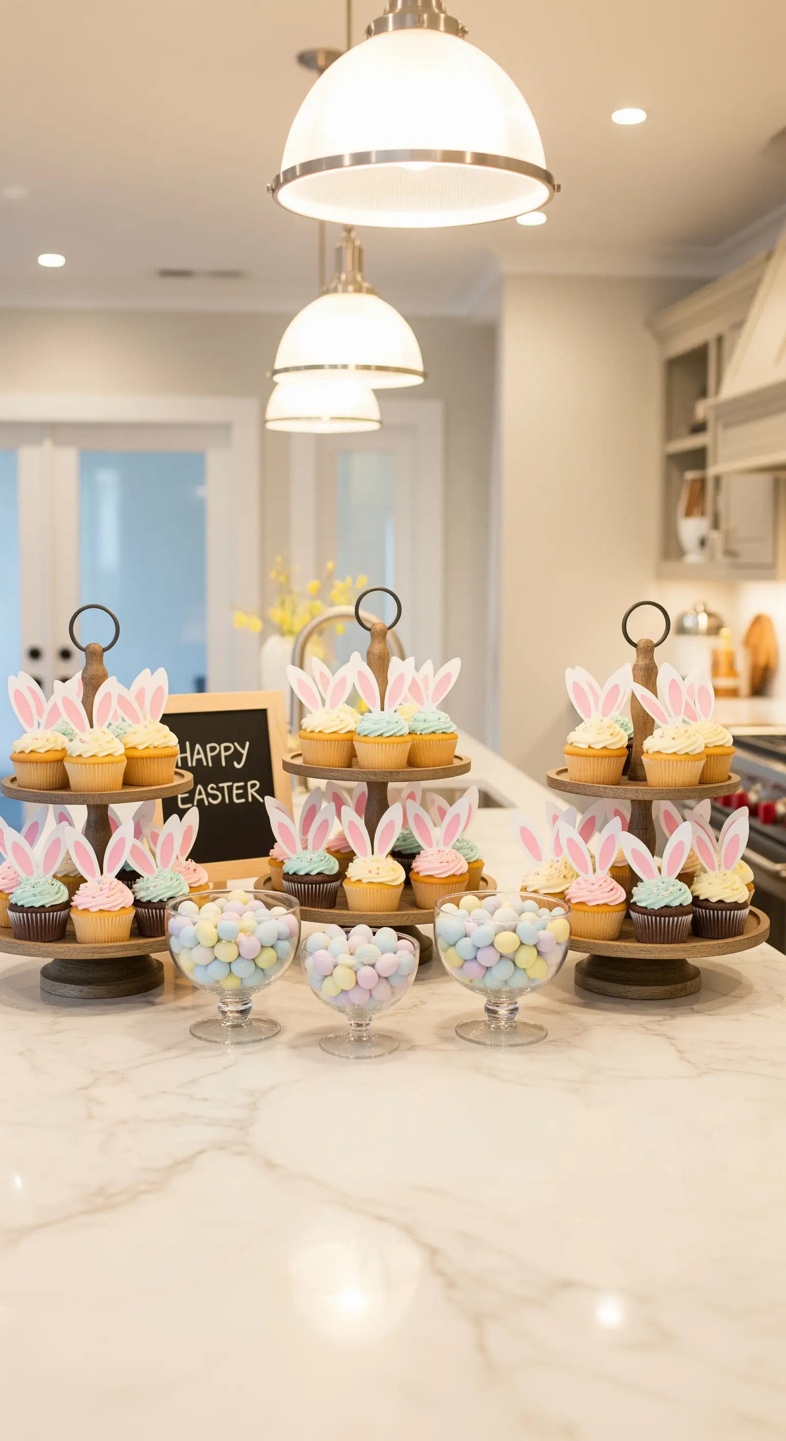 Oster-Dessert-Station mit Etageren, Cupcakes und pastellfarbenen Süßigkeiten