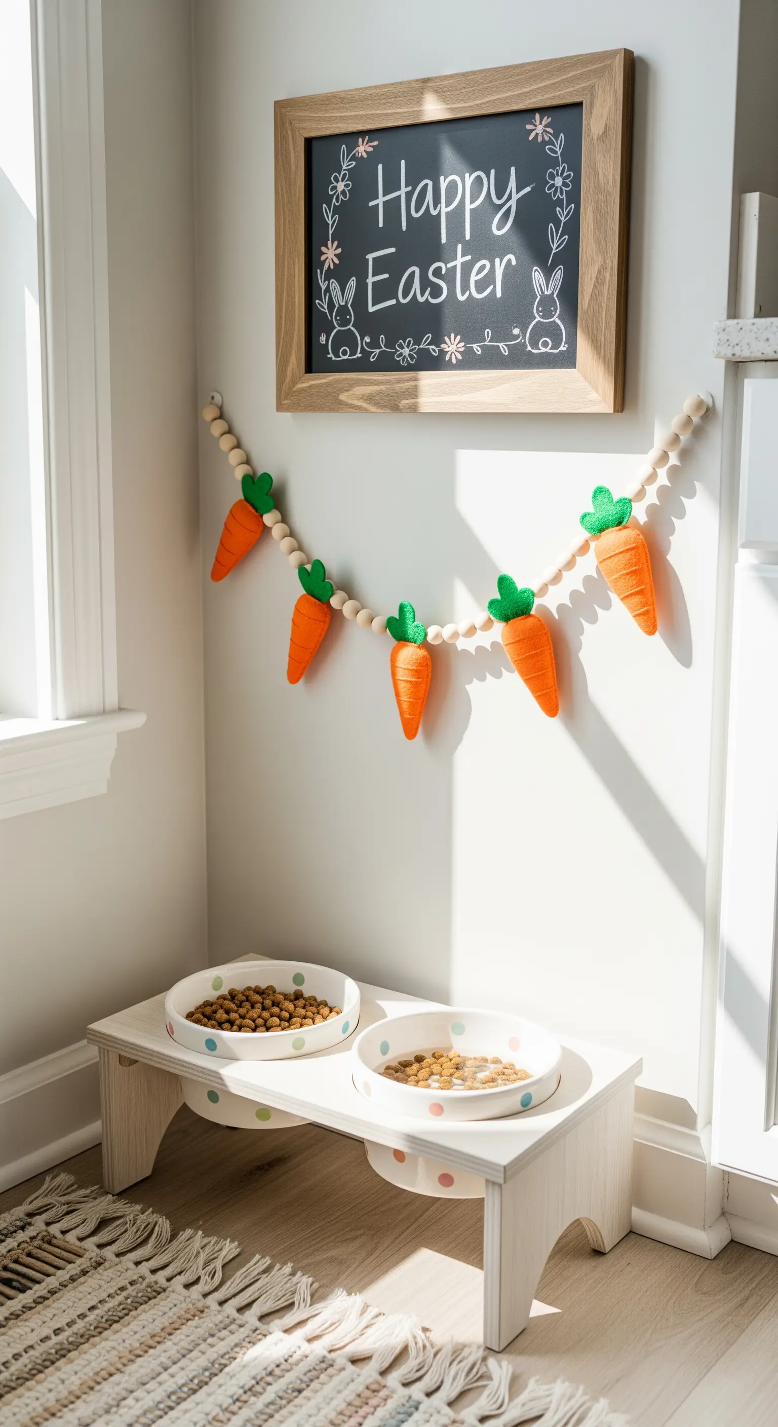 Pet feeding station with 'Happy Easter' sign and carrot garland.