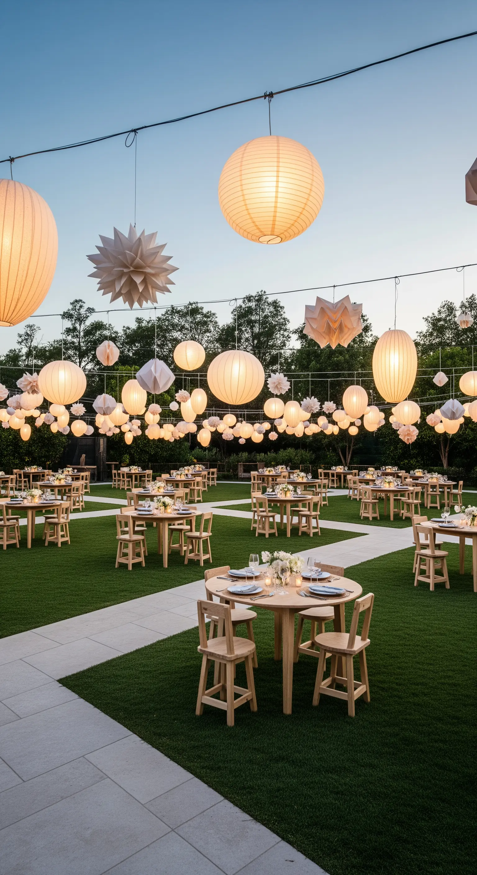 Große Gartenparty, Laternen-Himmel, Holztische, Japandi