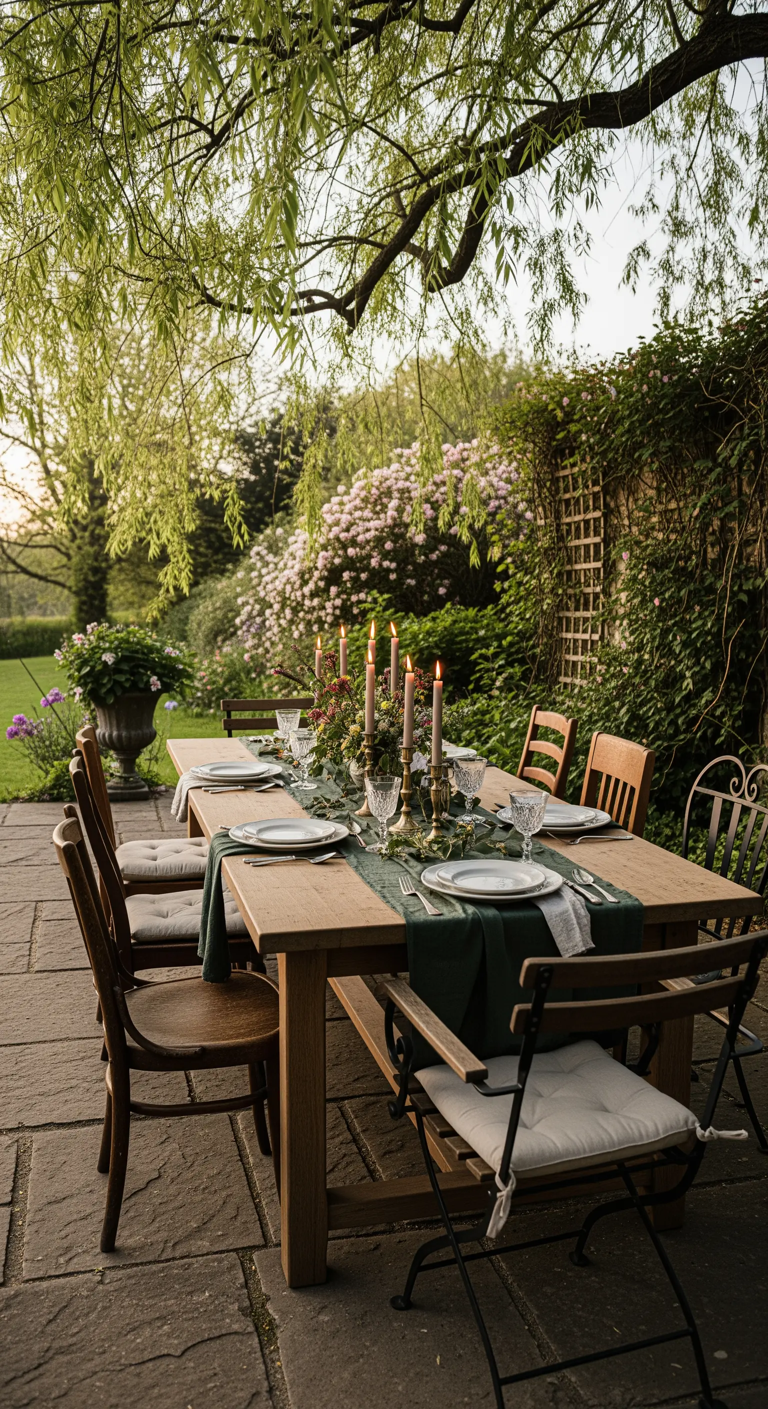 Rustikaler Holztisch im Garten, gedeckt mit dunkelgrünem Läufer, Kerzenständern und Geschirr.
