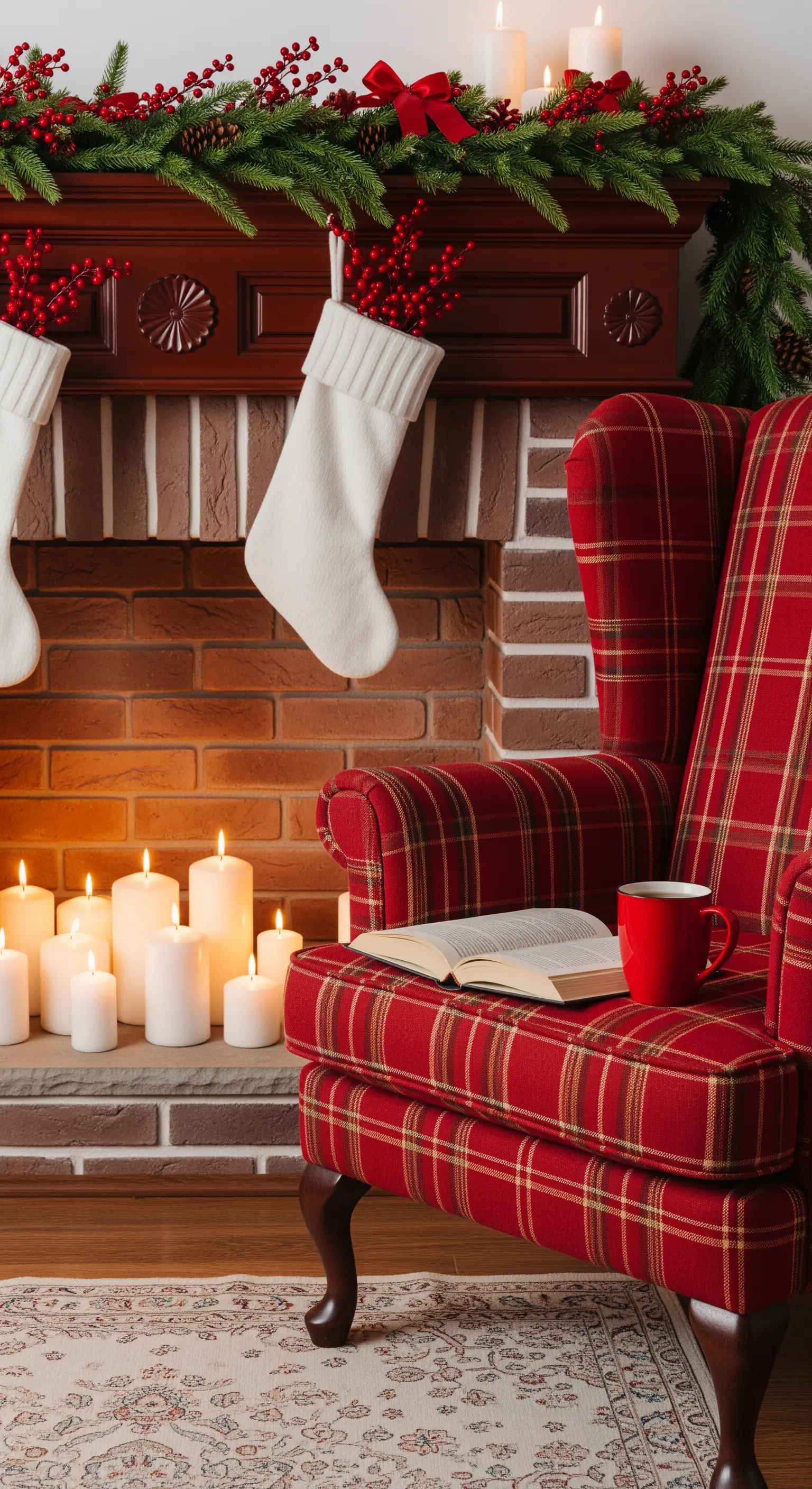 Backsteinkamin mit Tannengirlande, roten Beeren und weißen Socken, umgeben von Kerzen und Plaid-Sessel.