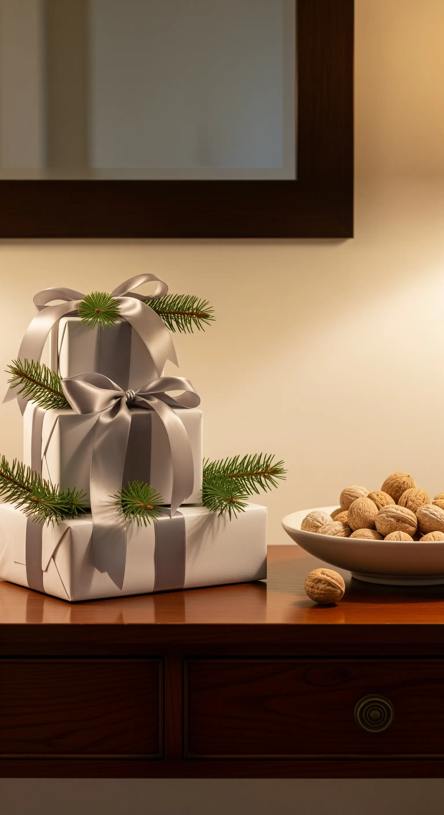 Konsolentisch mit weißen Geschenken, Tannenzweigen und Walnüssen.