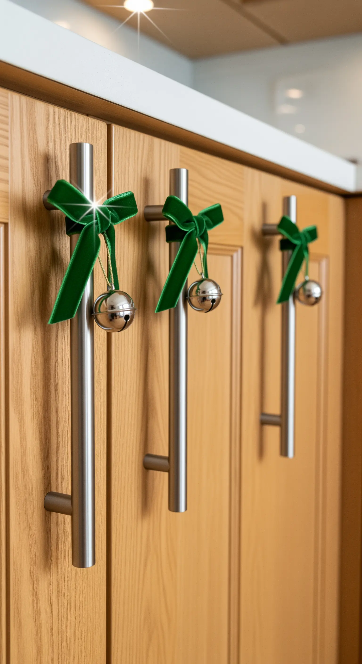 Küchengriffe mit grünen Samtschleifen und silbernen Glöckchen.