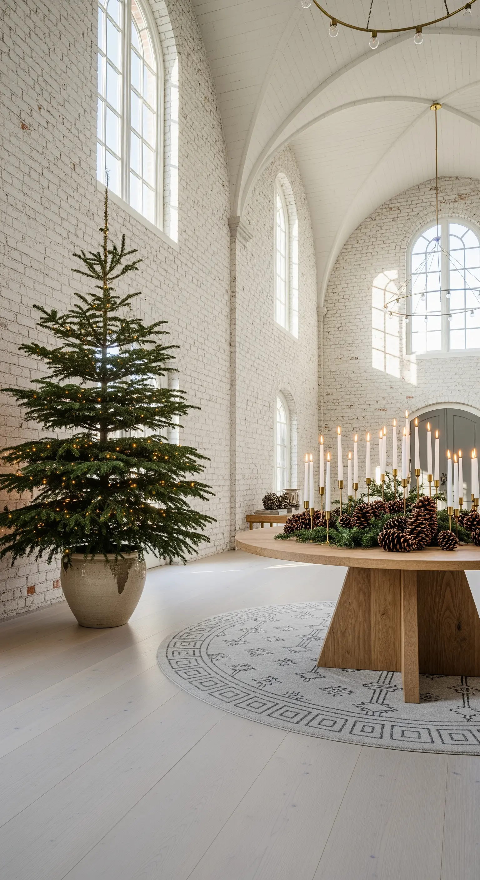 Große Halle mit beleuchtetem Tannenbaum und Kerzentafel auf Holztisch
