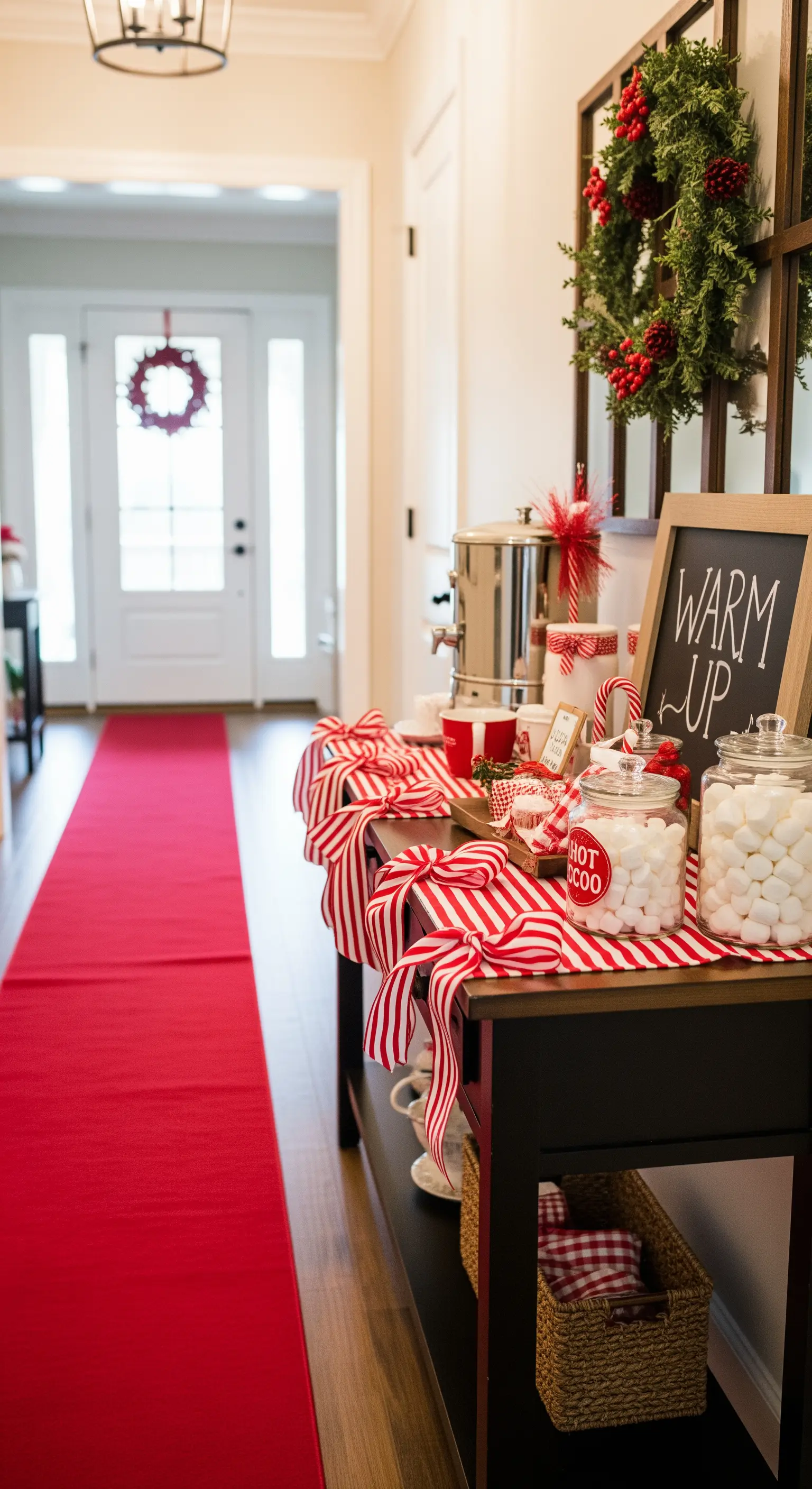 Festliche Heißgetränke-Station im Flur mit rot-weißem Dekor, Kakao und Marshmallows