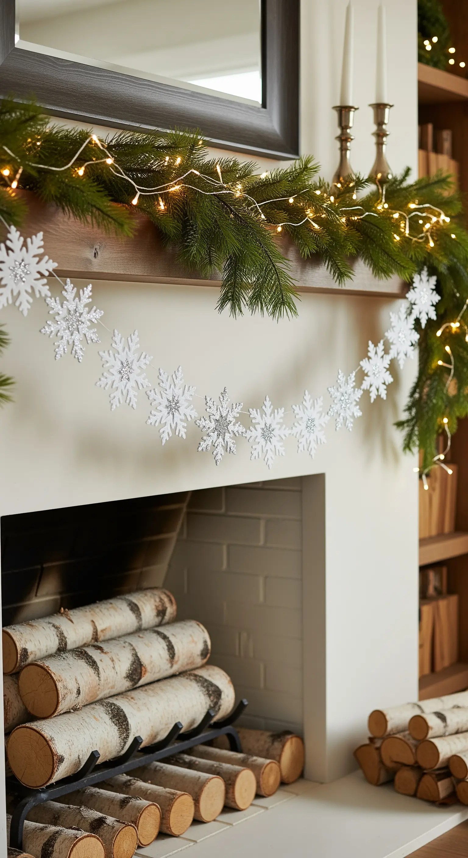 Kaminumrandung dekoriert mit Tannengrün, Lichterkette und Schneeflocken-Girlande
