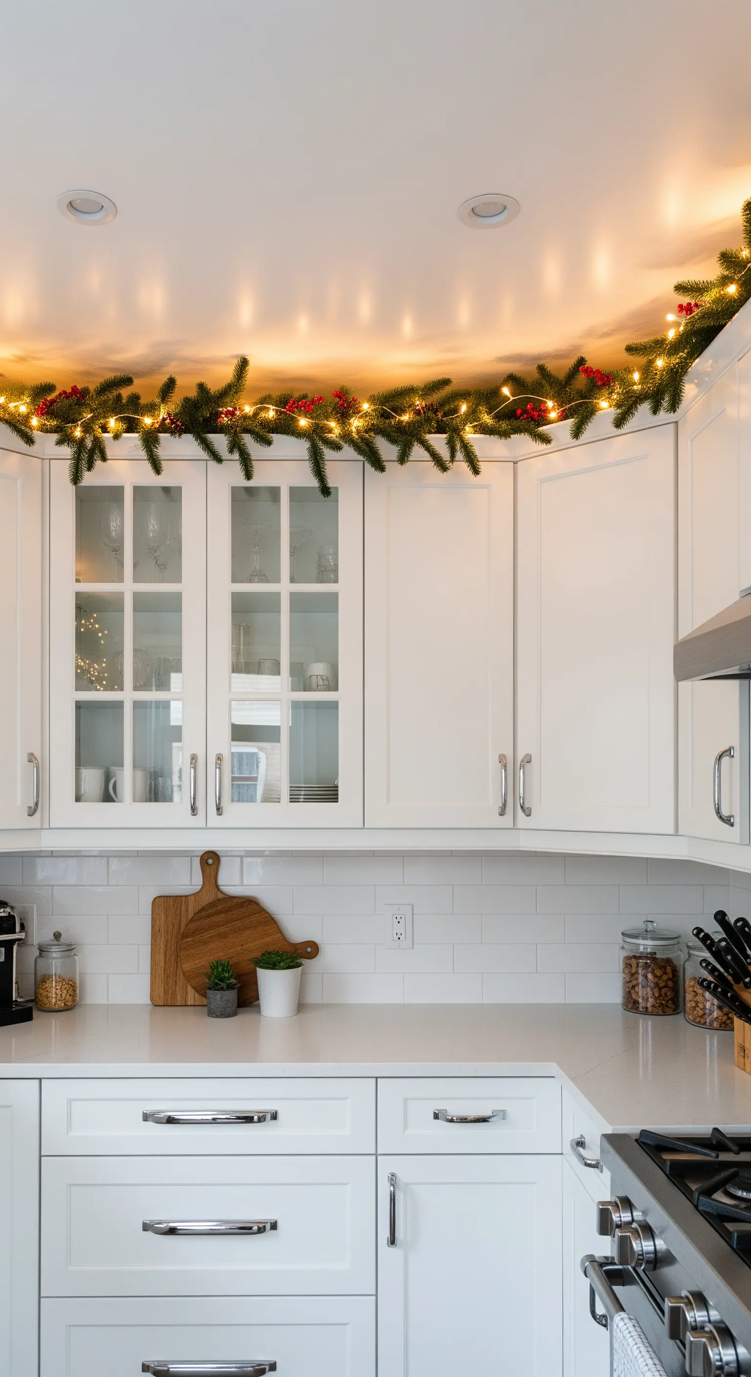 Kranzgirlande mit Lichtern und roten Beeren über weißen Küchenschränken.