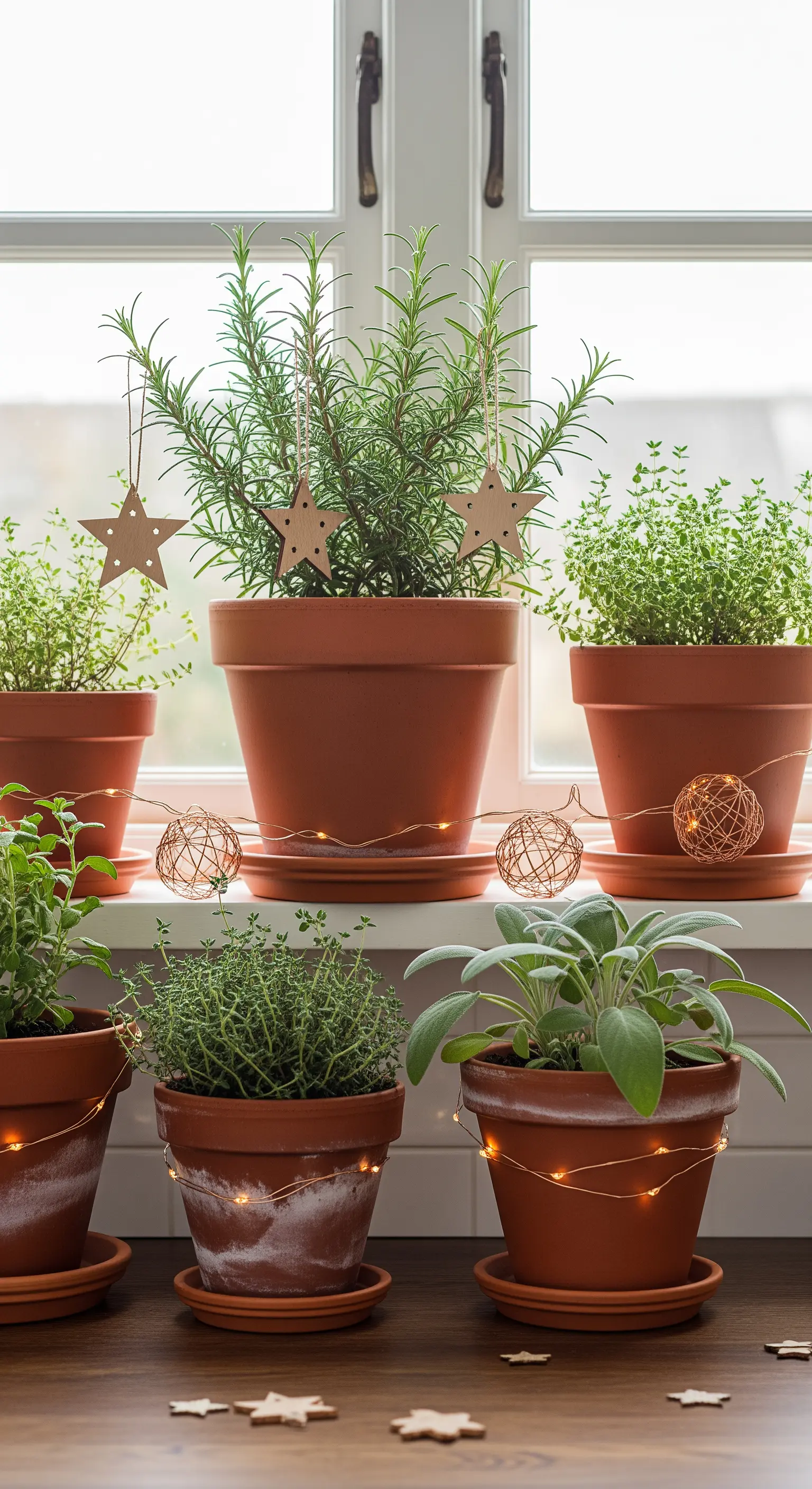 Kräutertöpfe auf der Fensterbank, geschmückt mit Holzsternen und Lichterkette
