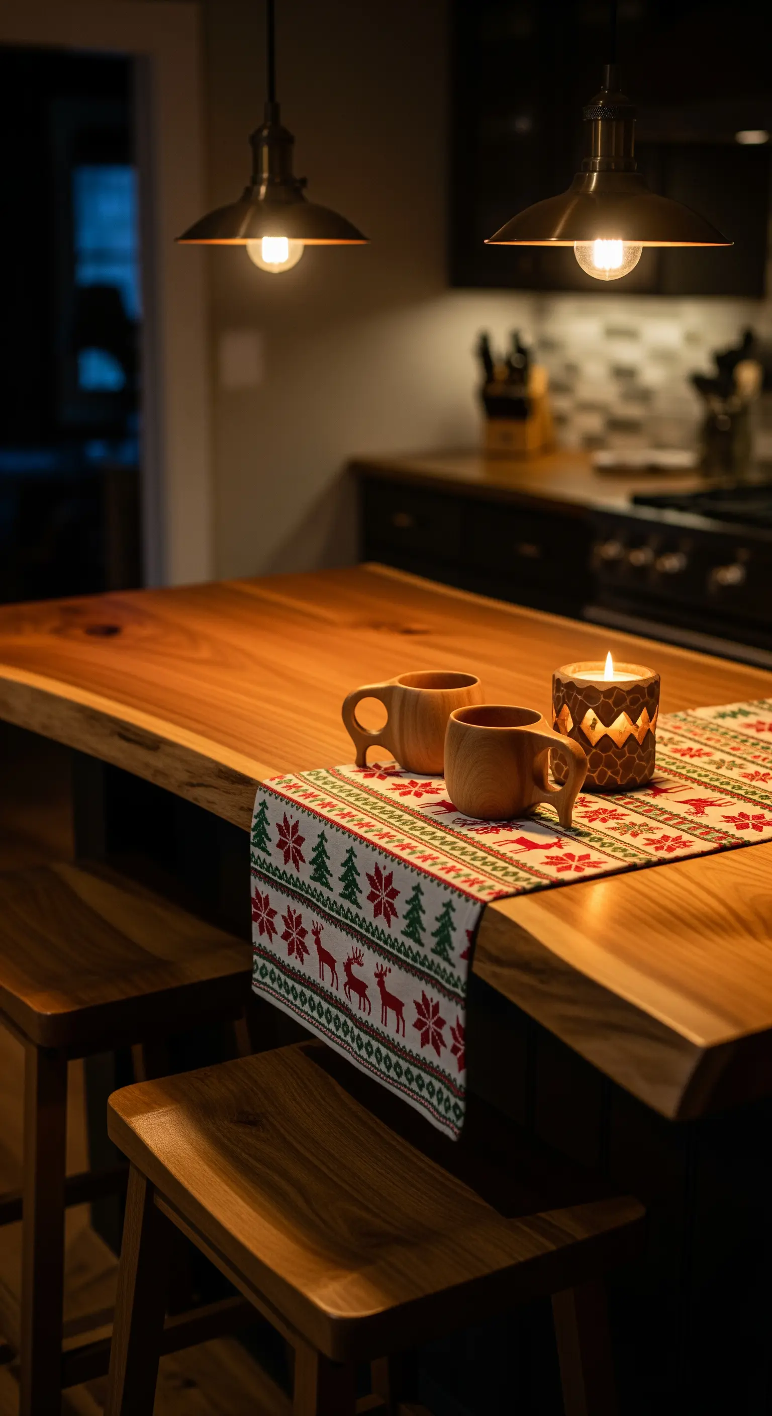 Kücheninsel mit Holztischläufer, Kerze, Holztassen und warmem Licht.