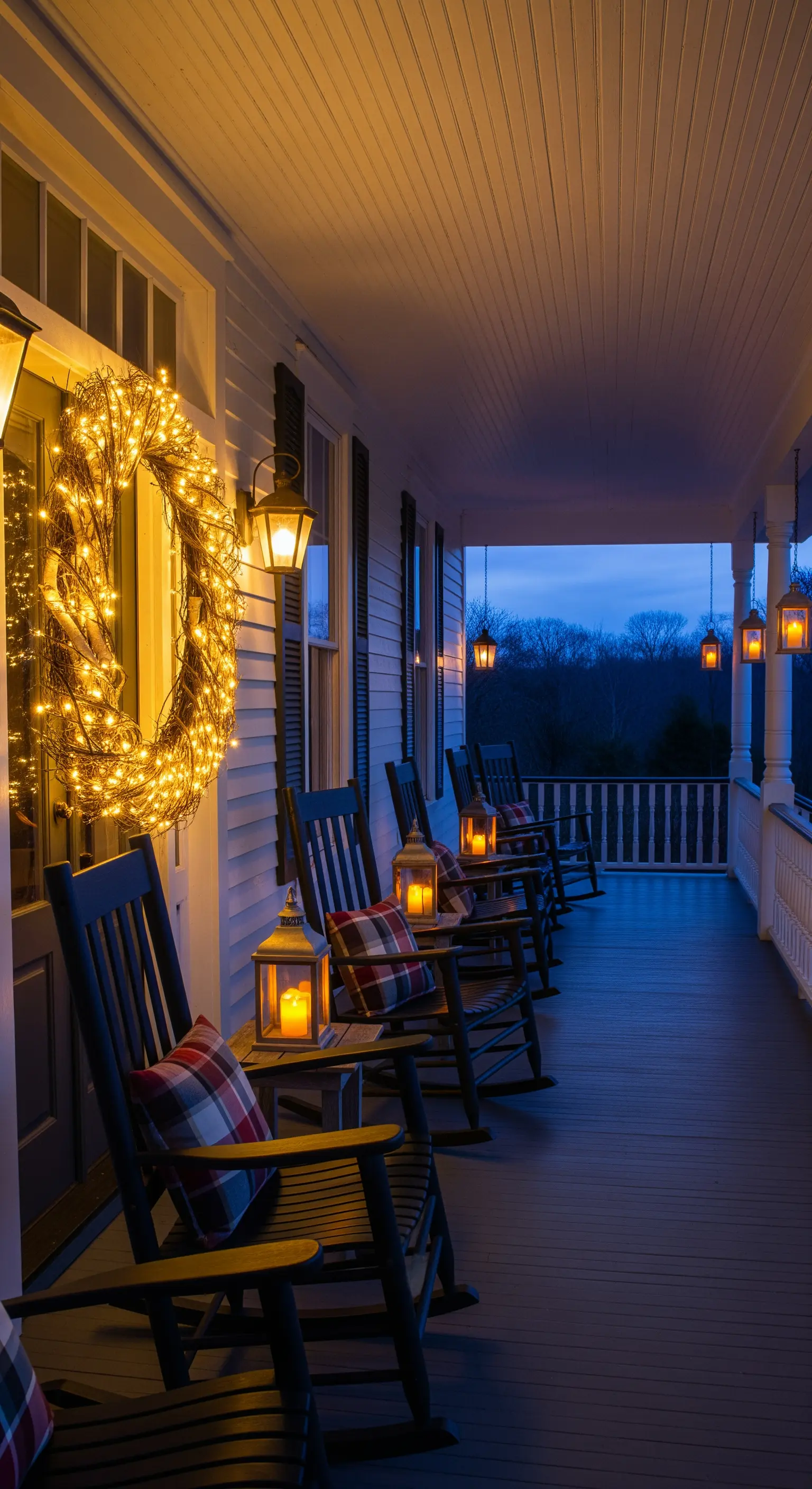 Lichterkettenkranz an der Haustür, beleuchtete Laternen und Schaukelstühle auf der Veranda