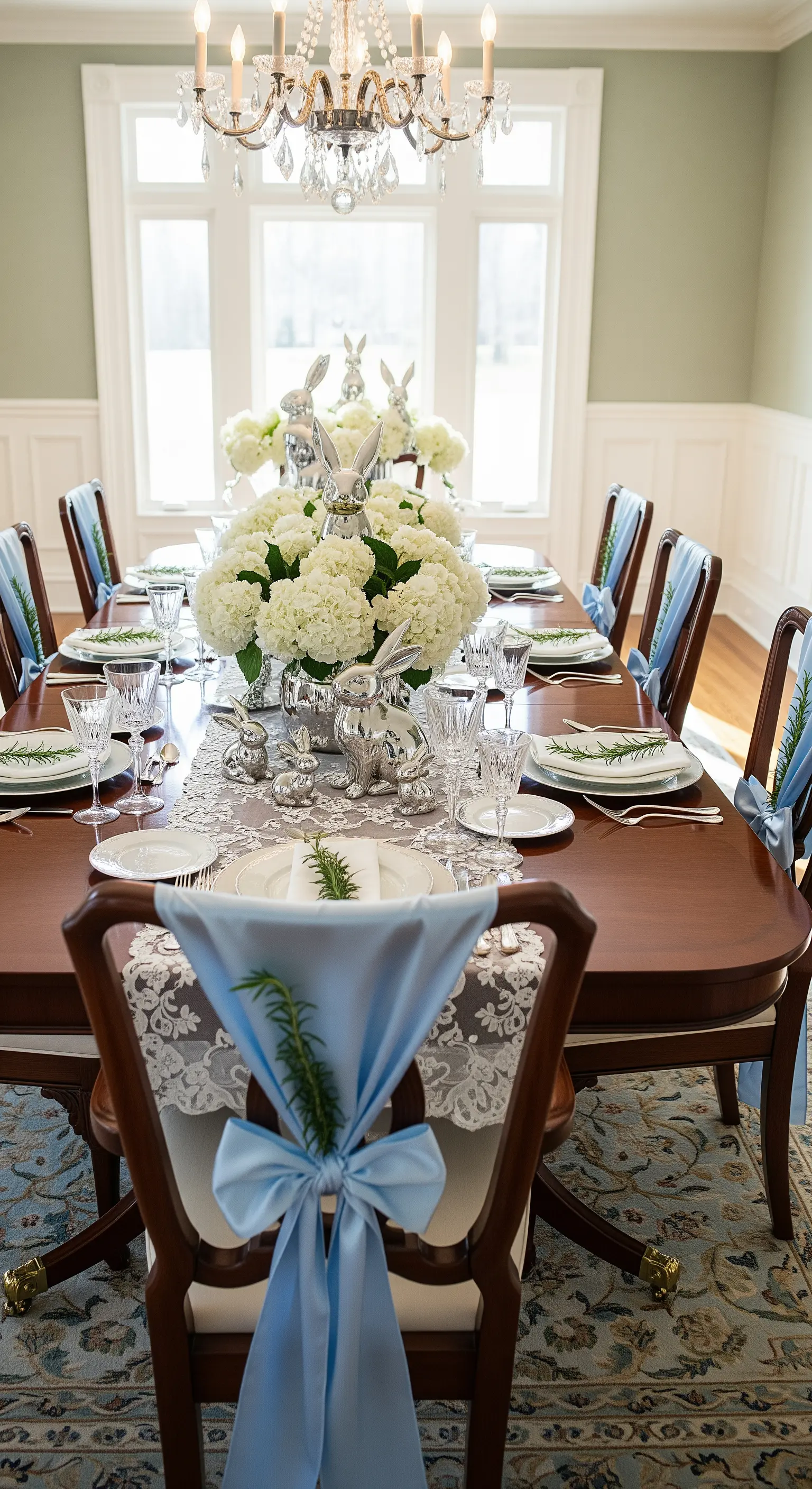 Esstisch mit weißen Hortensien, Silberhasen, blauen Stuhlbändern und Spitzenläufer.