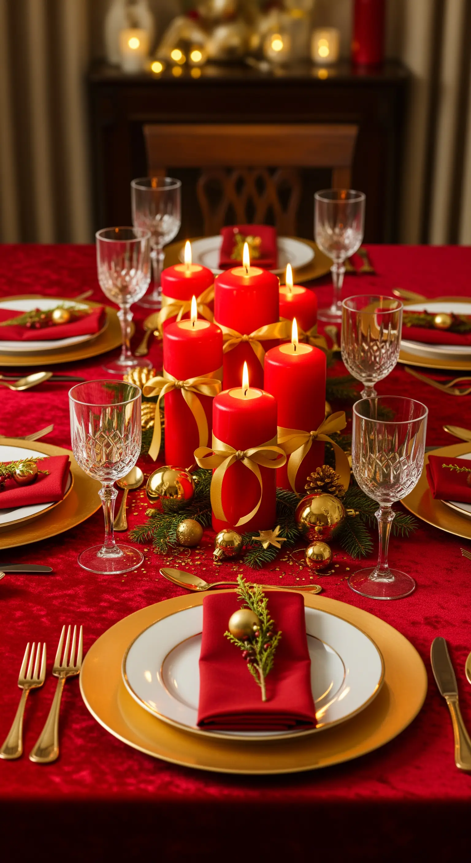 Klassischer Festtisch in Rot-Gold mit roten Kerzen, goldenen Kugeln und Tannengrün.