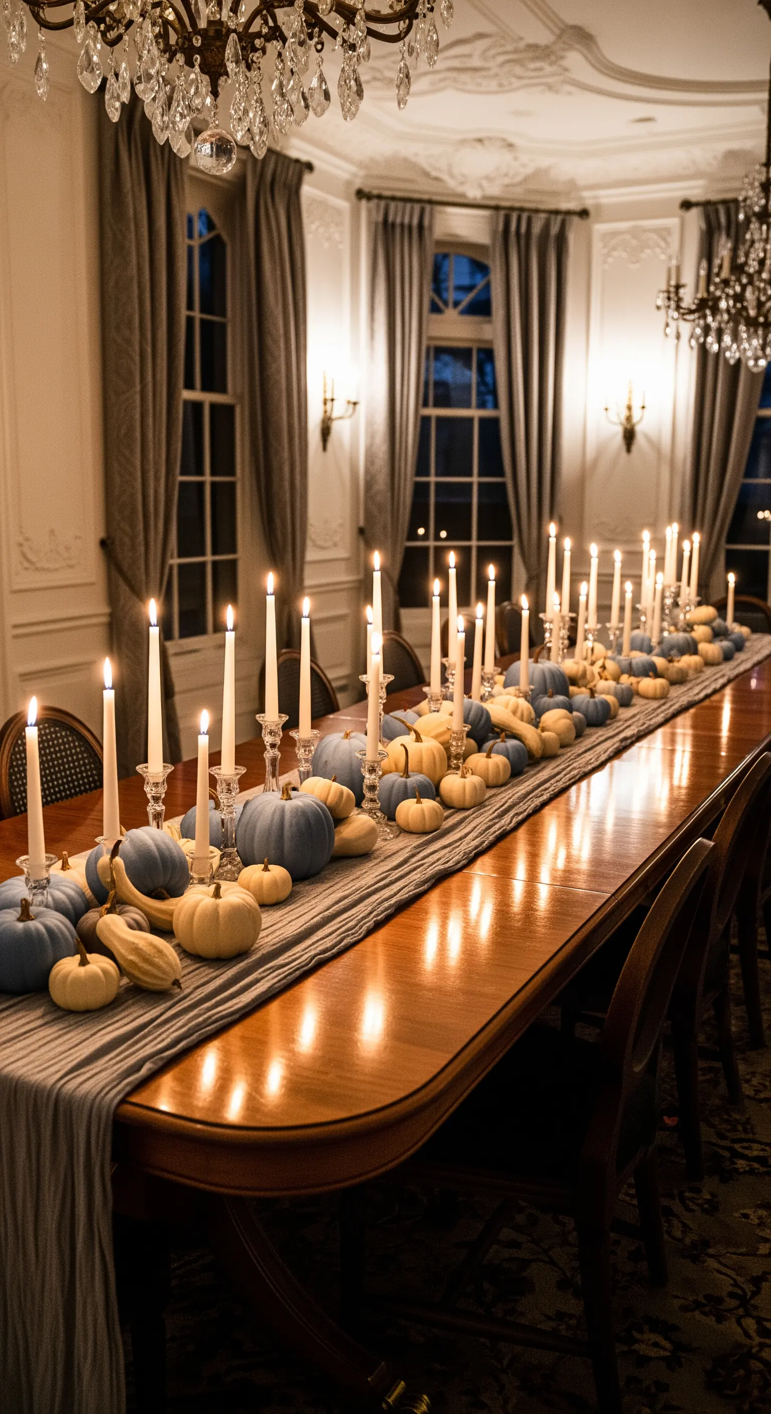 Langer Esstisch mit blauen und weißen Kürbissen, Bananen und vielen Kerzen.