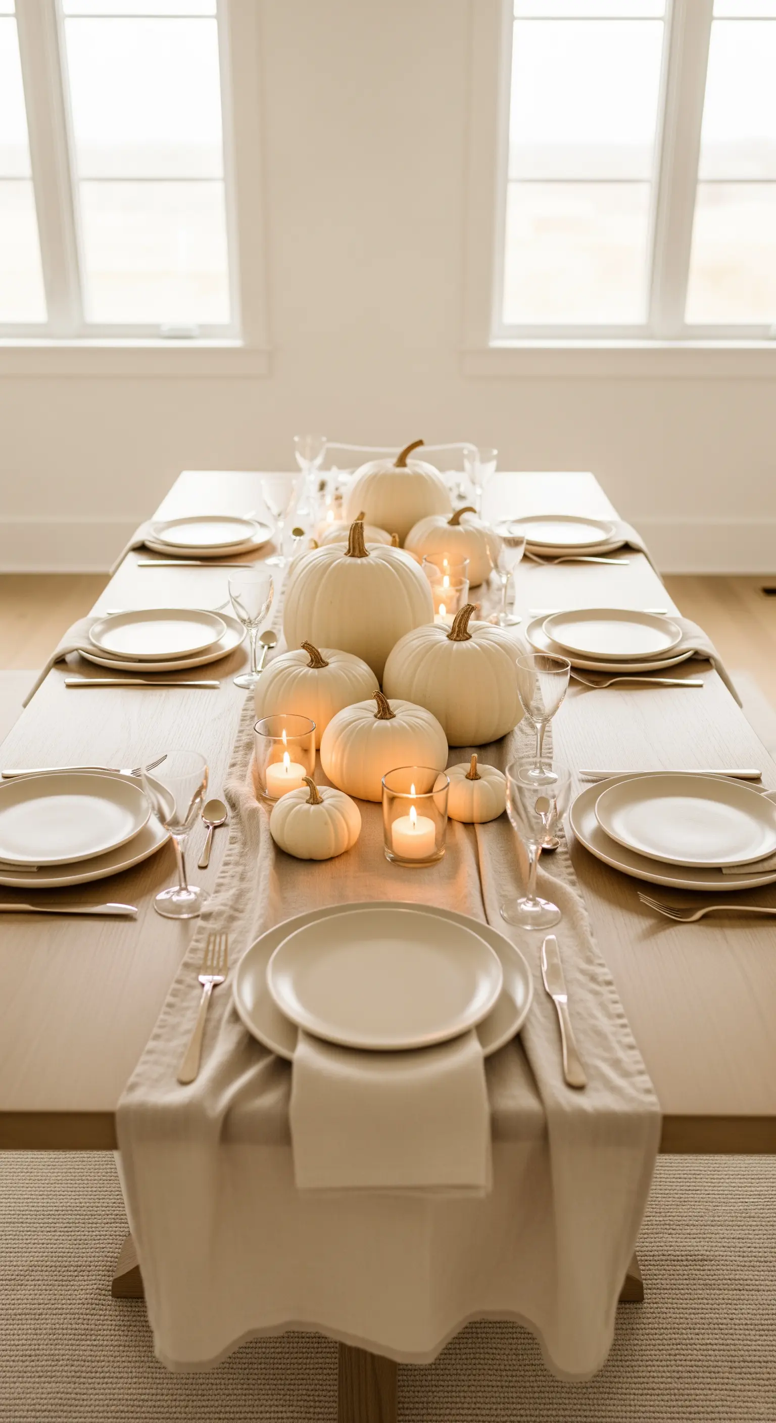 Esstisch mit weiß-beigen Kürbissen, Teelichtern und neutraler Leinentischdecke.