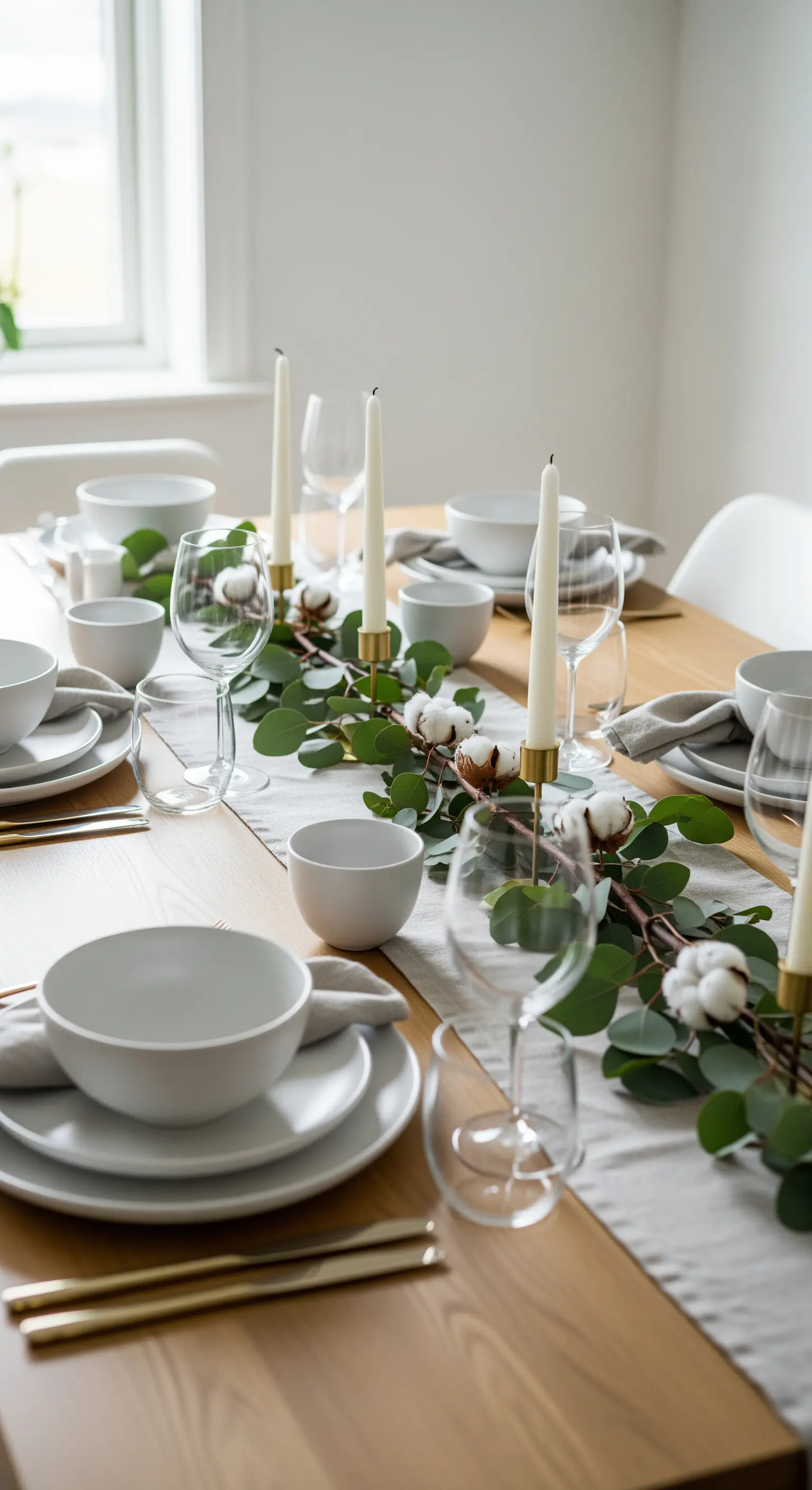 Esstisch mit Eukalyptusgirlande, weißen Kerzen und schlichtem Geschirr