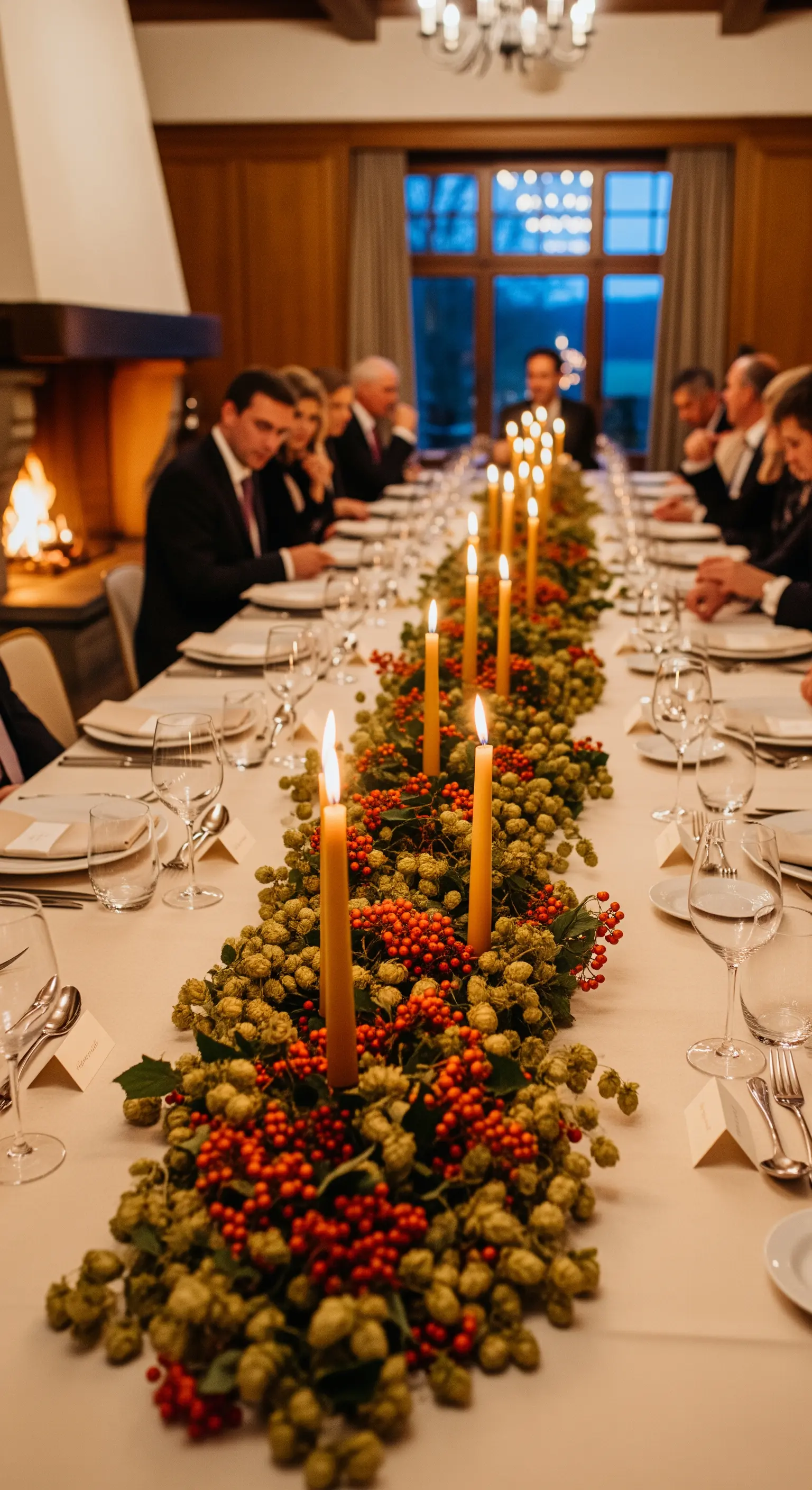 Langer Esstisch, Hopfenranken, rote Beeren und gelbe Stabkerzen für eine festliche Herbsttafel.