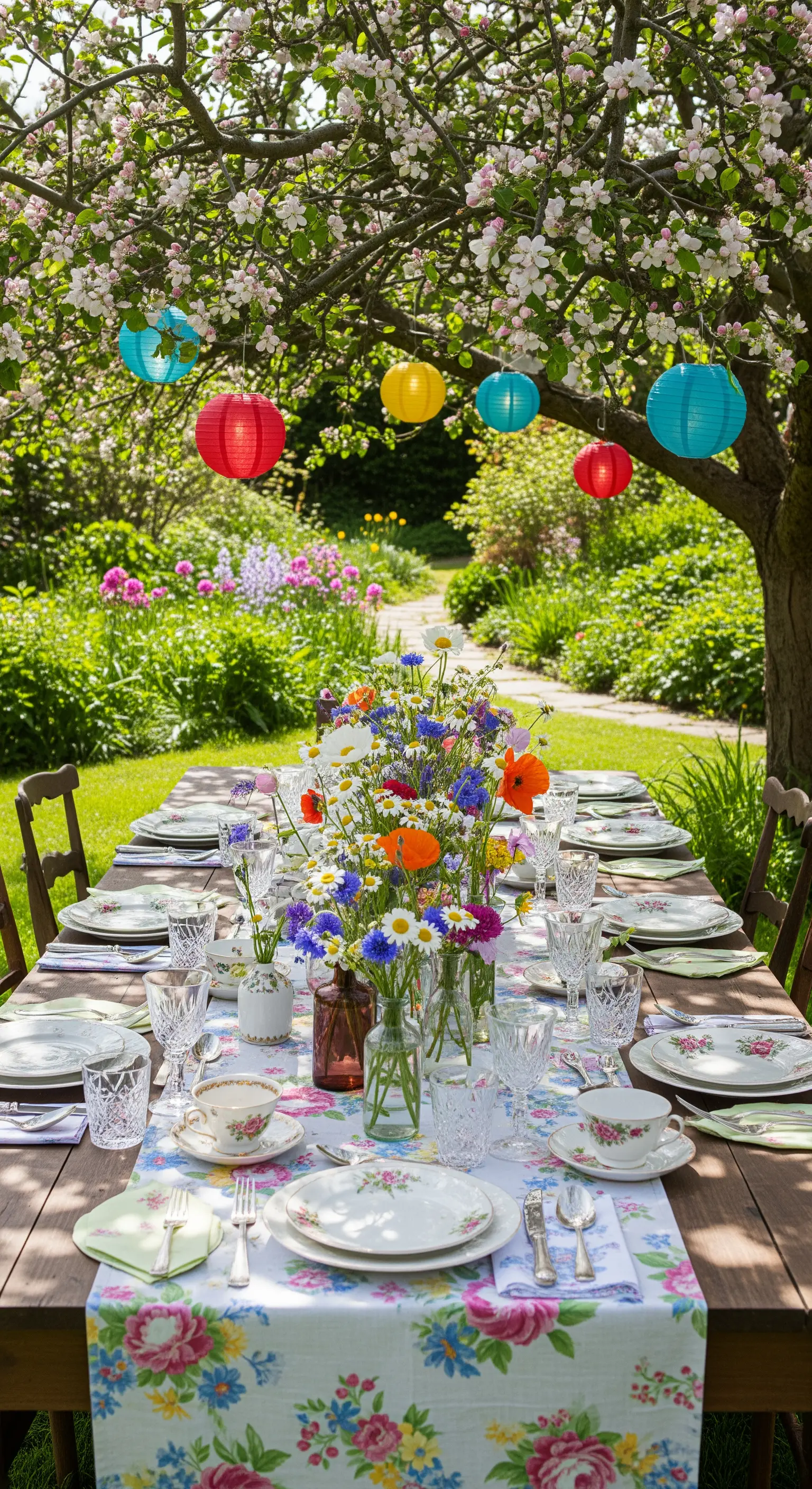Ostertafel im Garten unter blühendem Baum mit Laternen und Blumen