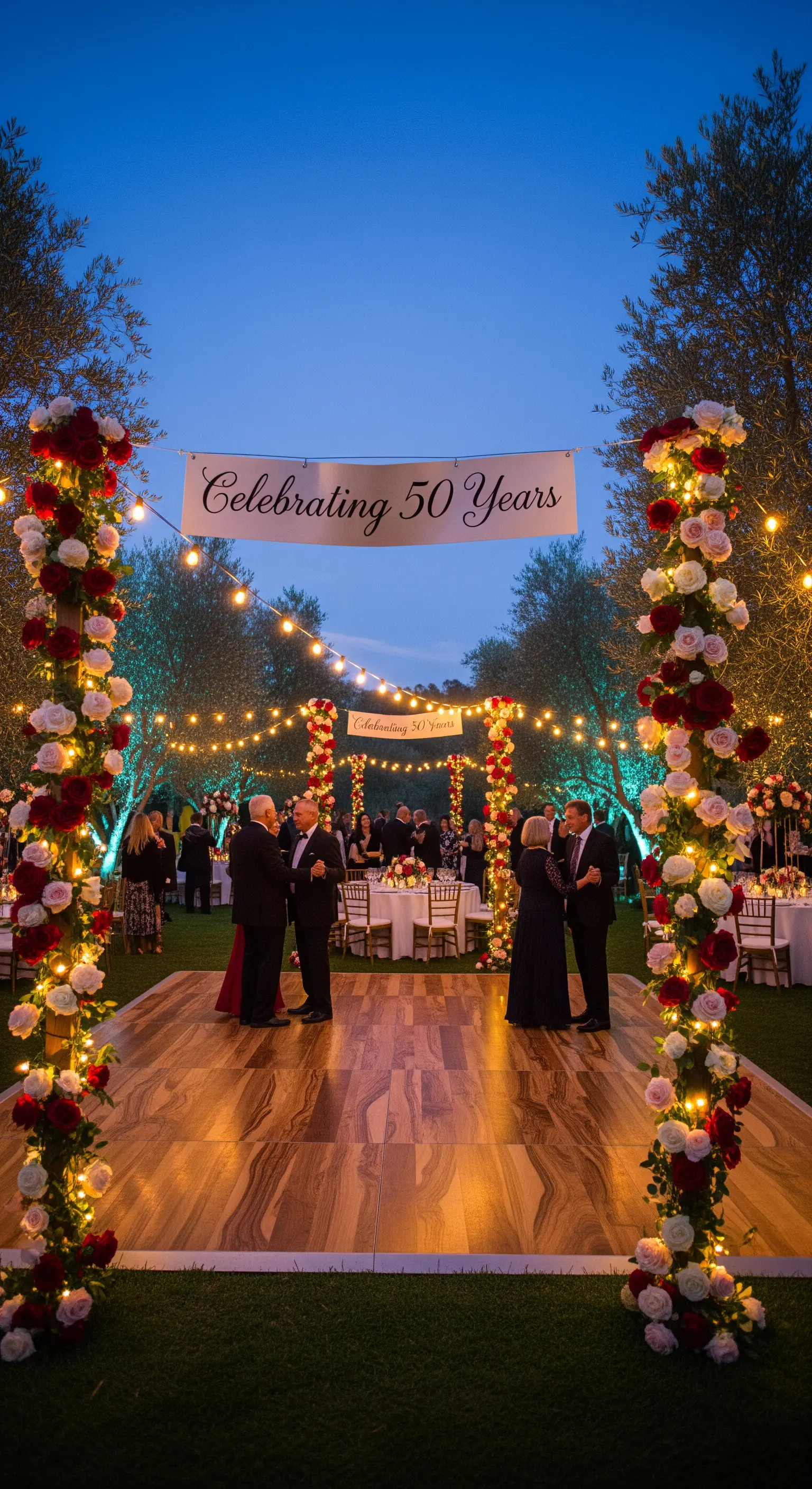 Tanzfläche im Freien mit beleuchteten Blumen-Säulen, Lichterketten und Jubiläumsbanner