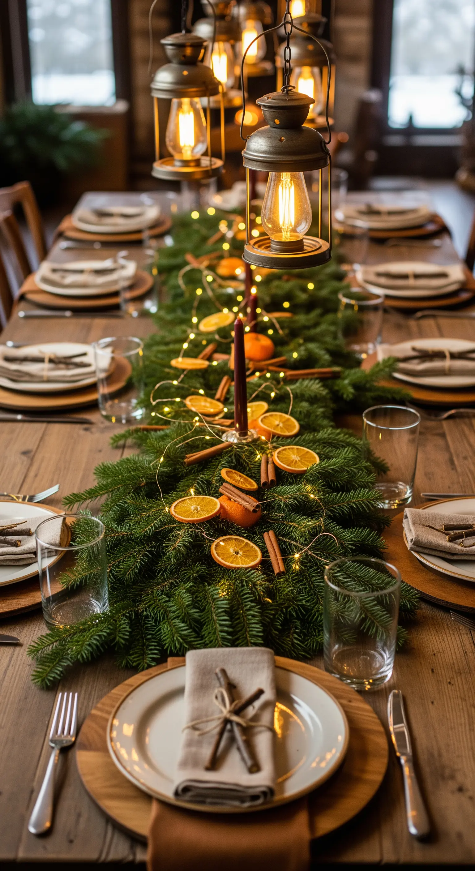 Winterliche Tischdeko mit Tannengrün, Orangenscheiben, Zimt und Hängelaternen