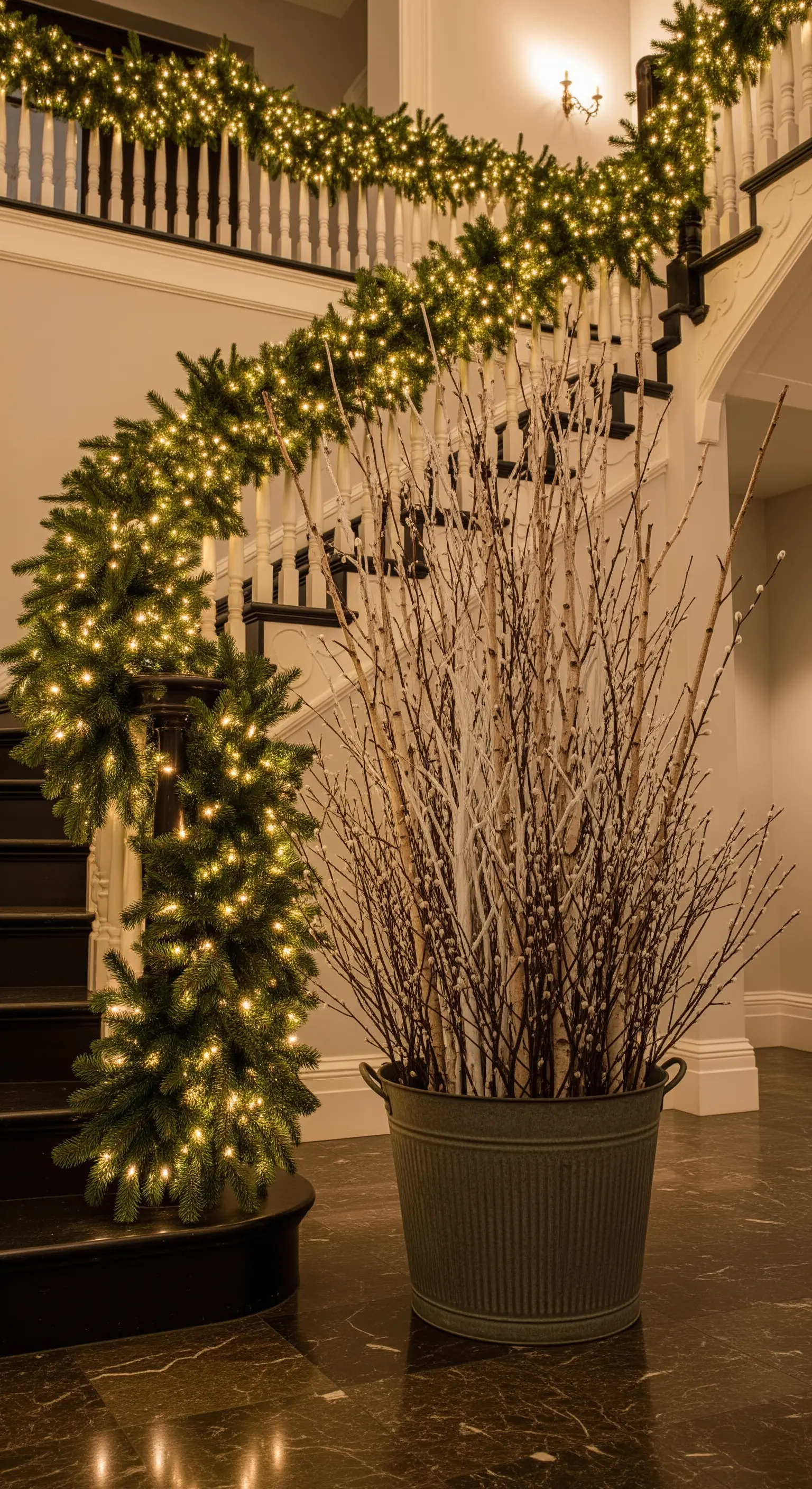 Treppenhaus mit beleuchteter Tannengirlande und Zinkeimer voller Birkenzweige.