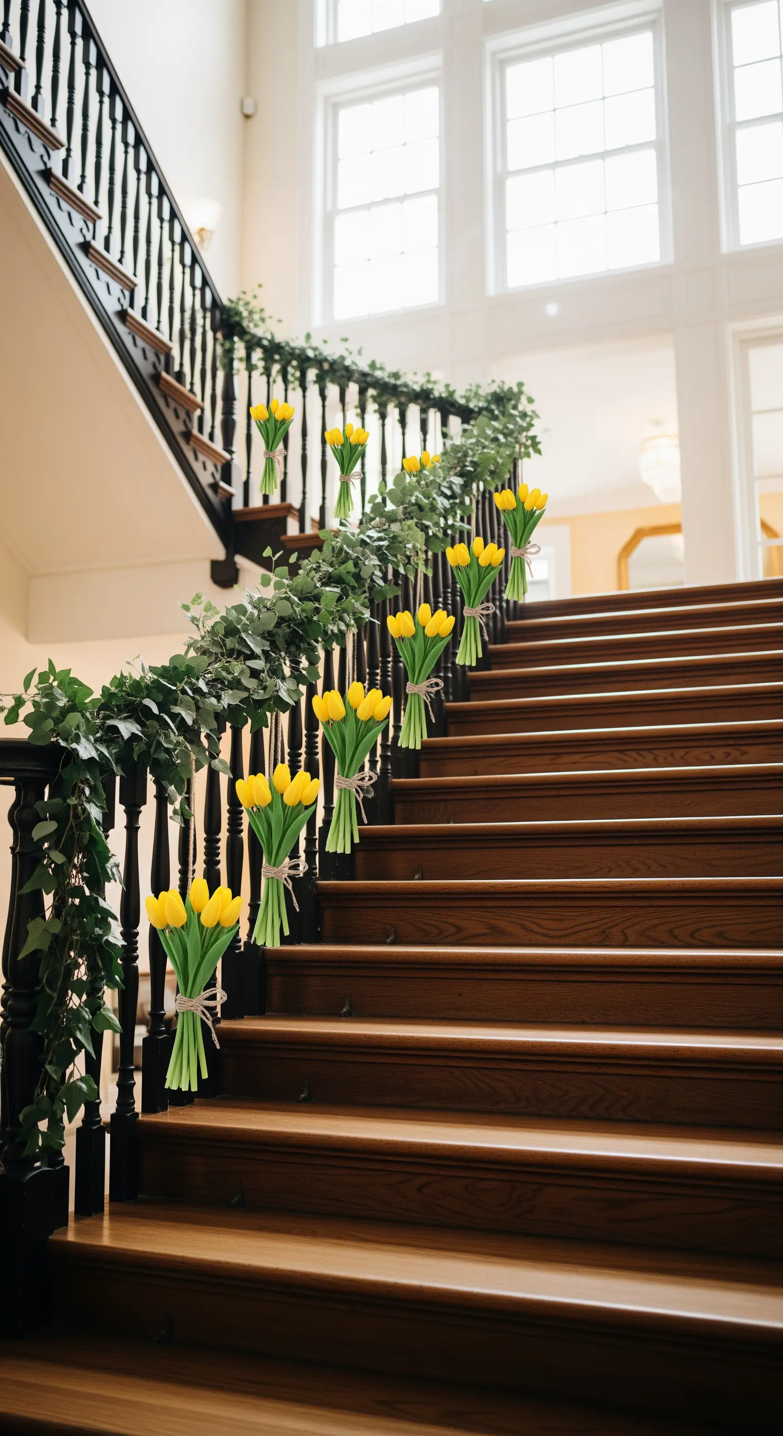 Treppengeländer mit Eucalyptus-Girlande und gelben Tulpensträußen