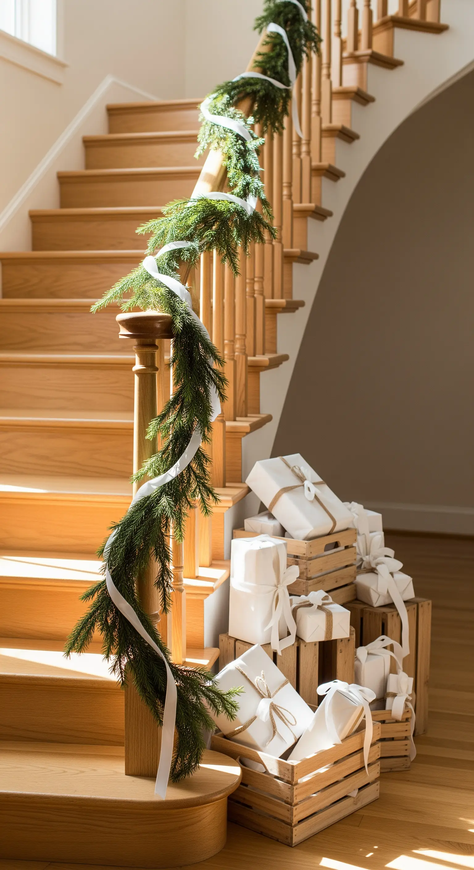 Treppenhaus mit Tannengirlande, weißen Bändern und Geschenken in Holzkisten