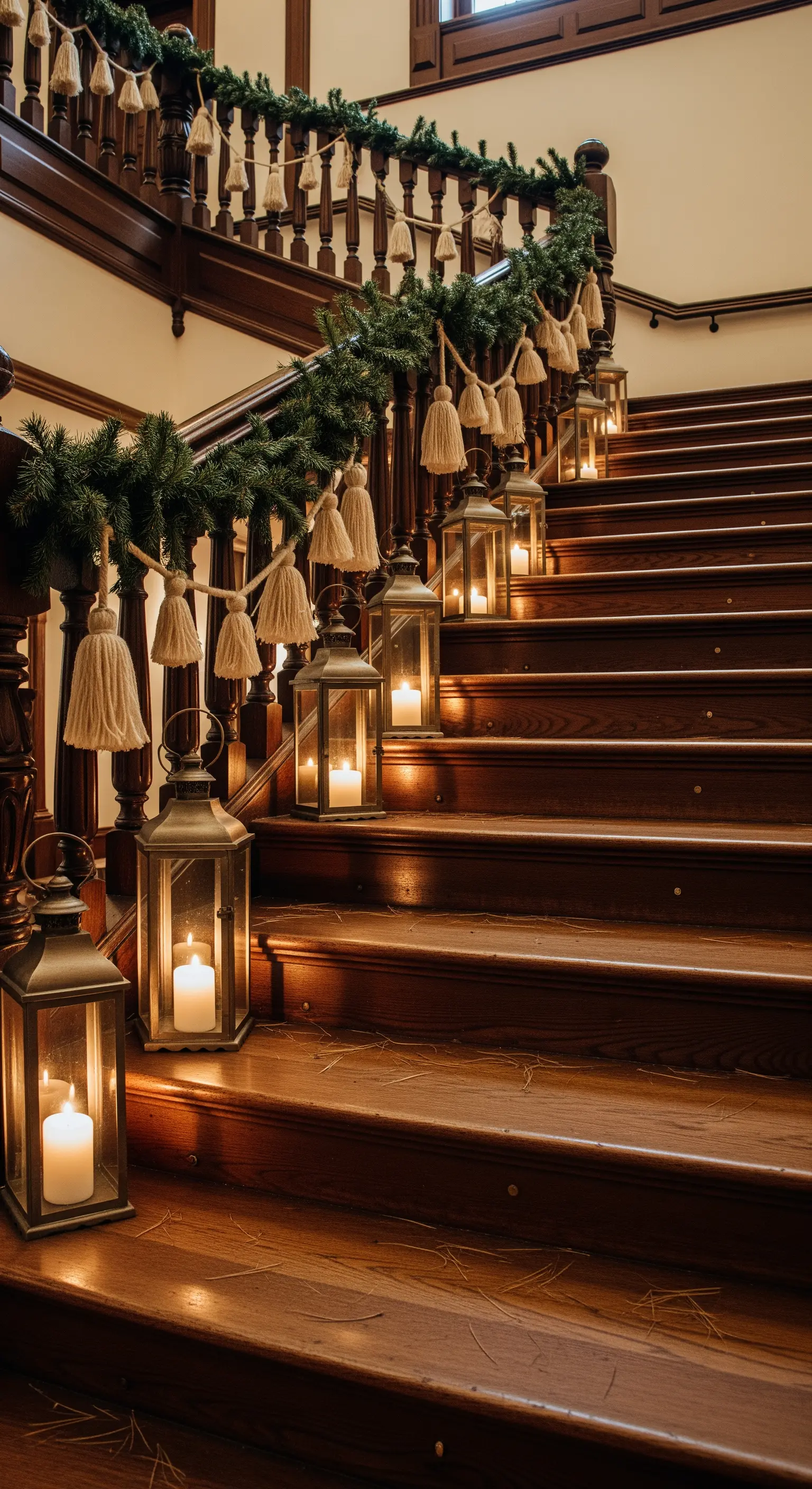 Holztreppe mit Tannengirlande, Quasten und Laternen mit Kerzen