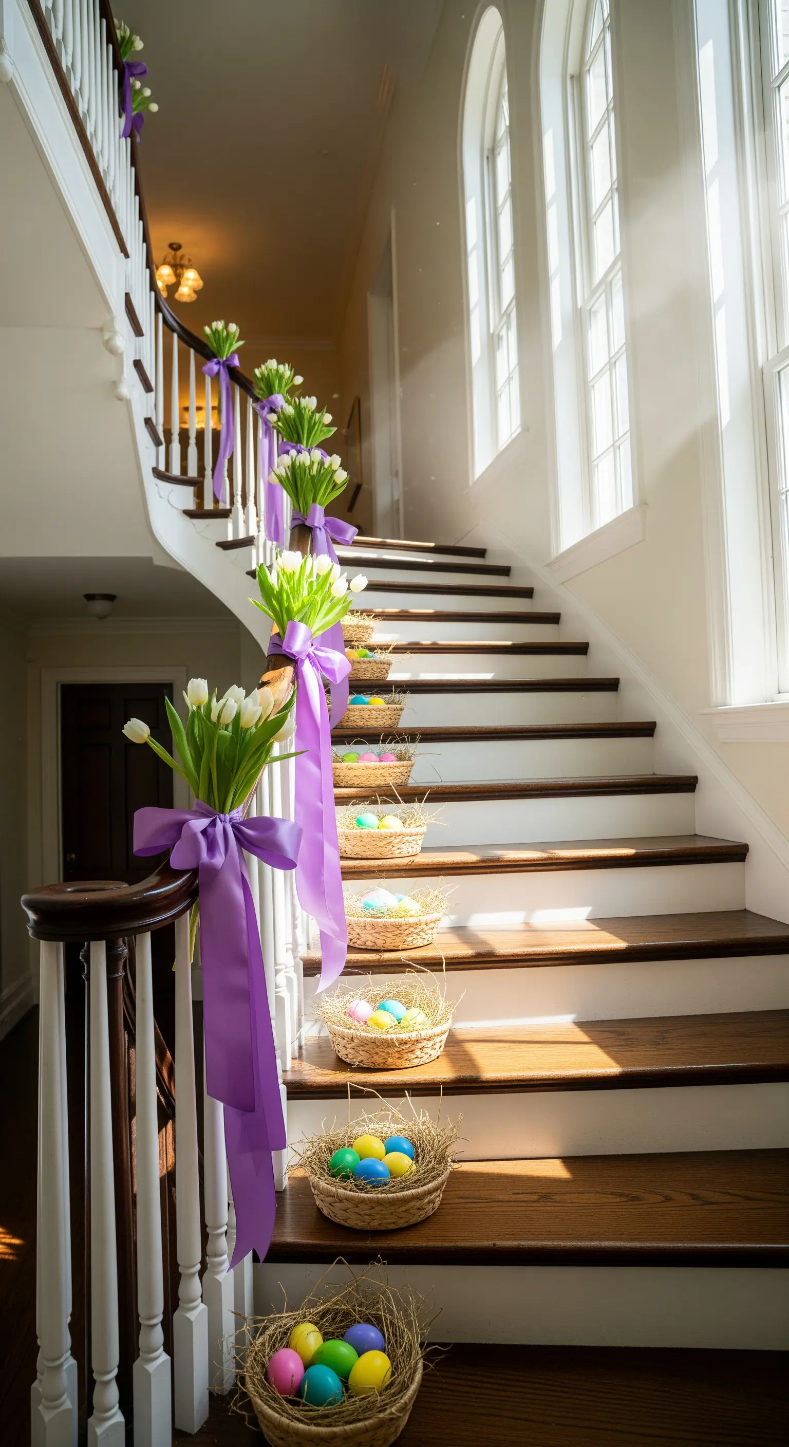 Treppenhaus-Deko mit weißen Tulpen, lila Bändern und Osterkörben