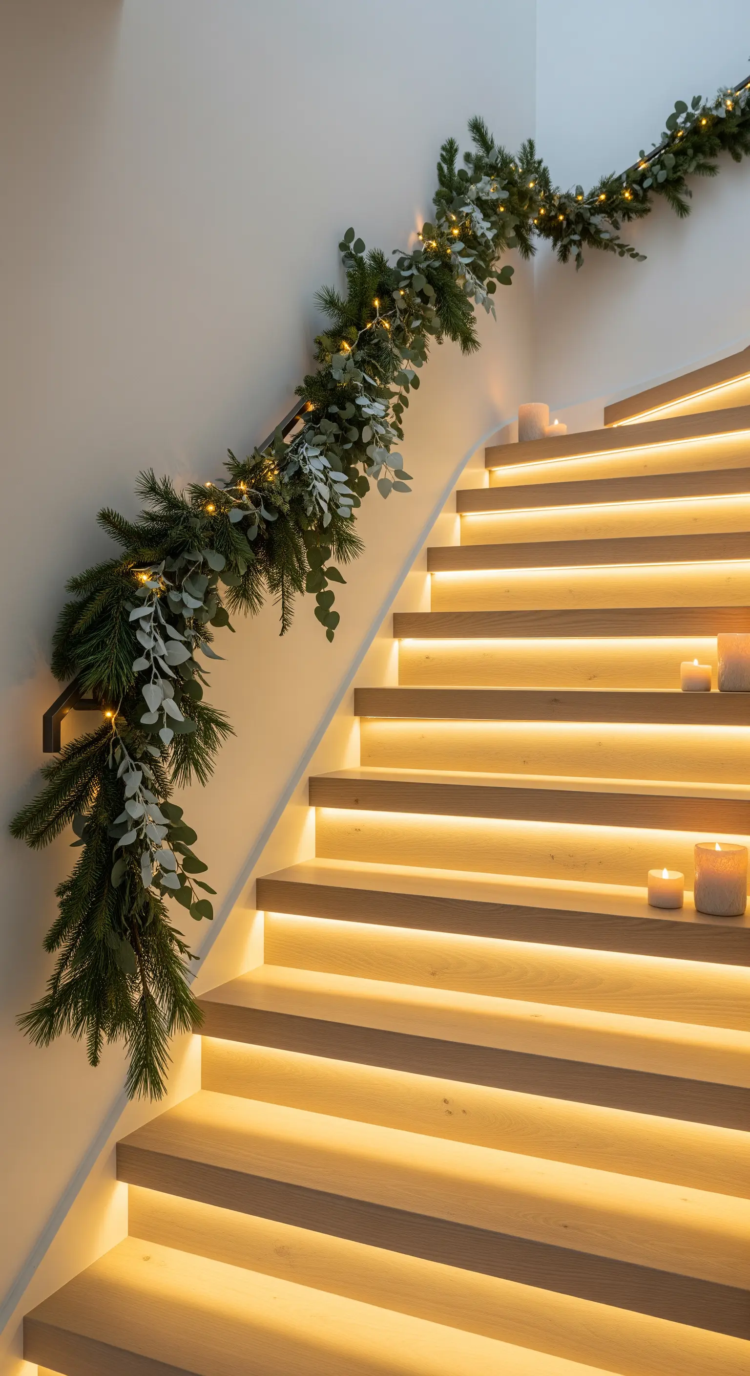 Treppenhaus mit Lichterkette, Girlande und Kerzen auf den Stufen