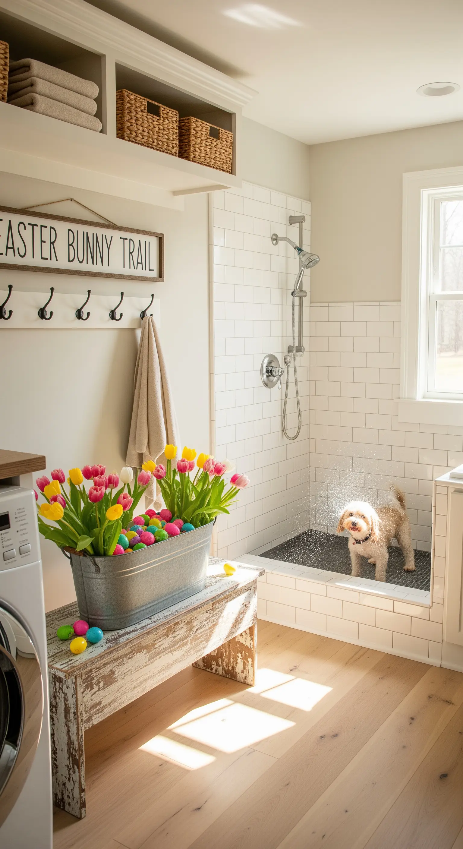 Laundry room with dog washing station, tulips, and Easter eggs.